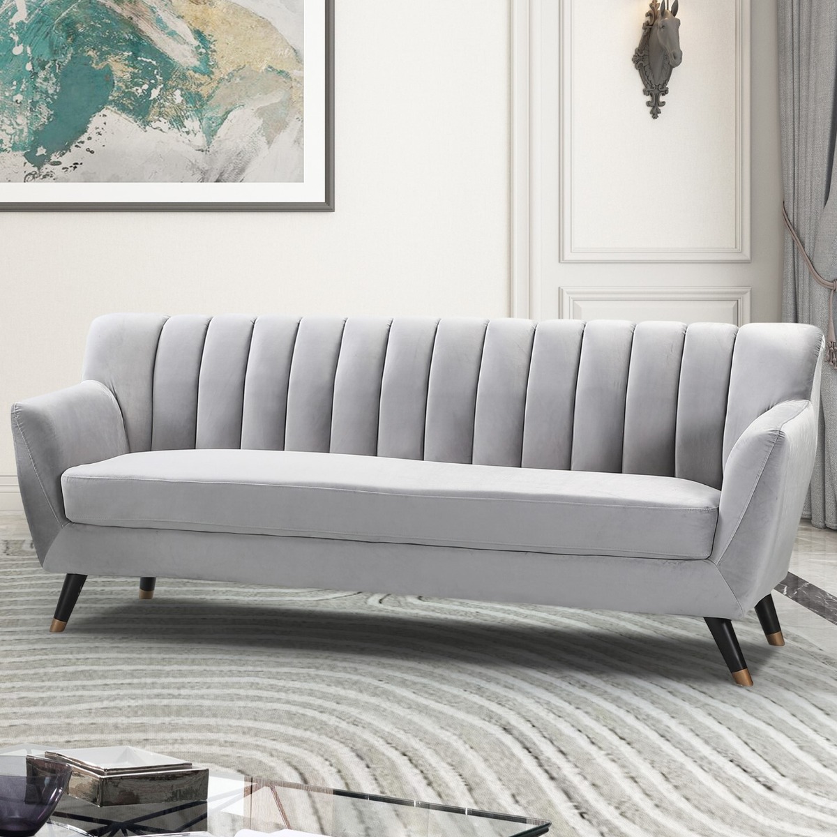 3 Seater Sofa - VIVENTO Velvet Fabric Sofa - Grey - Archie Homes