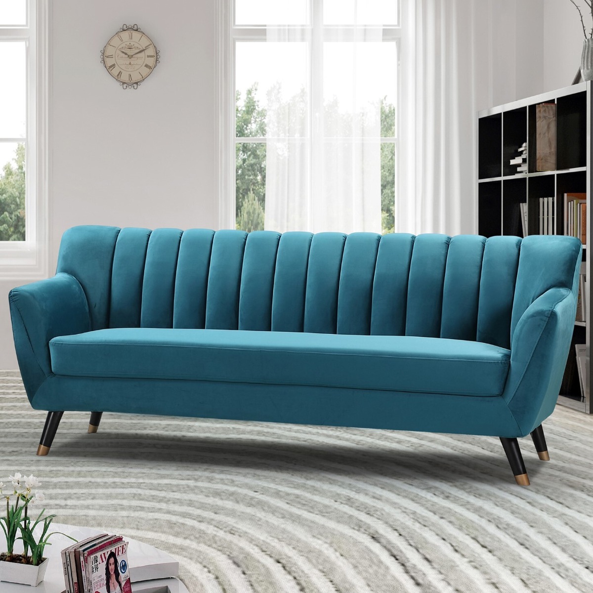 3 Seater Sofa - VIVENTO Velvet Fabric Sofa - Teal - Archie Homes