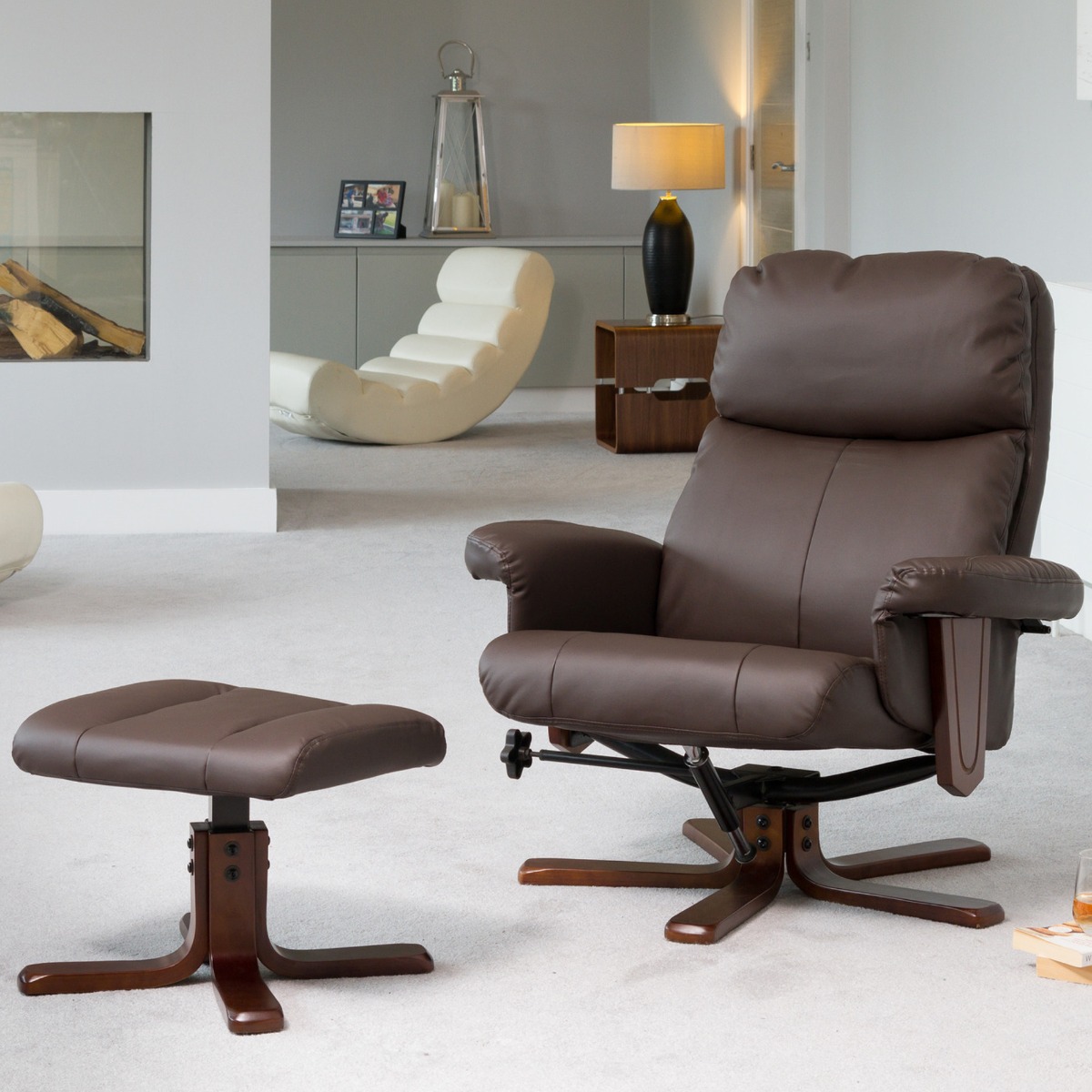 Armchair - ELEVARO Leather Swivel Recliner Chair with Stool - Brown - Archie Homes