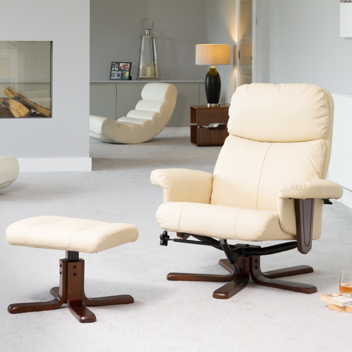 Armchair - ELEVARO Leather Swivel Recliner Chair with Stool - Cream - Archie Homes