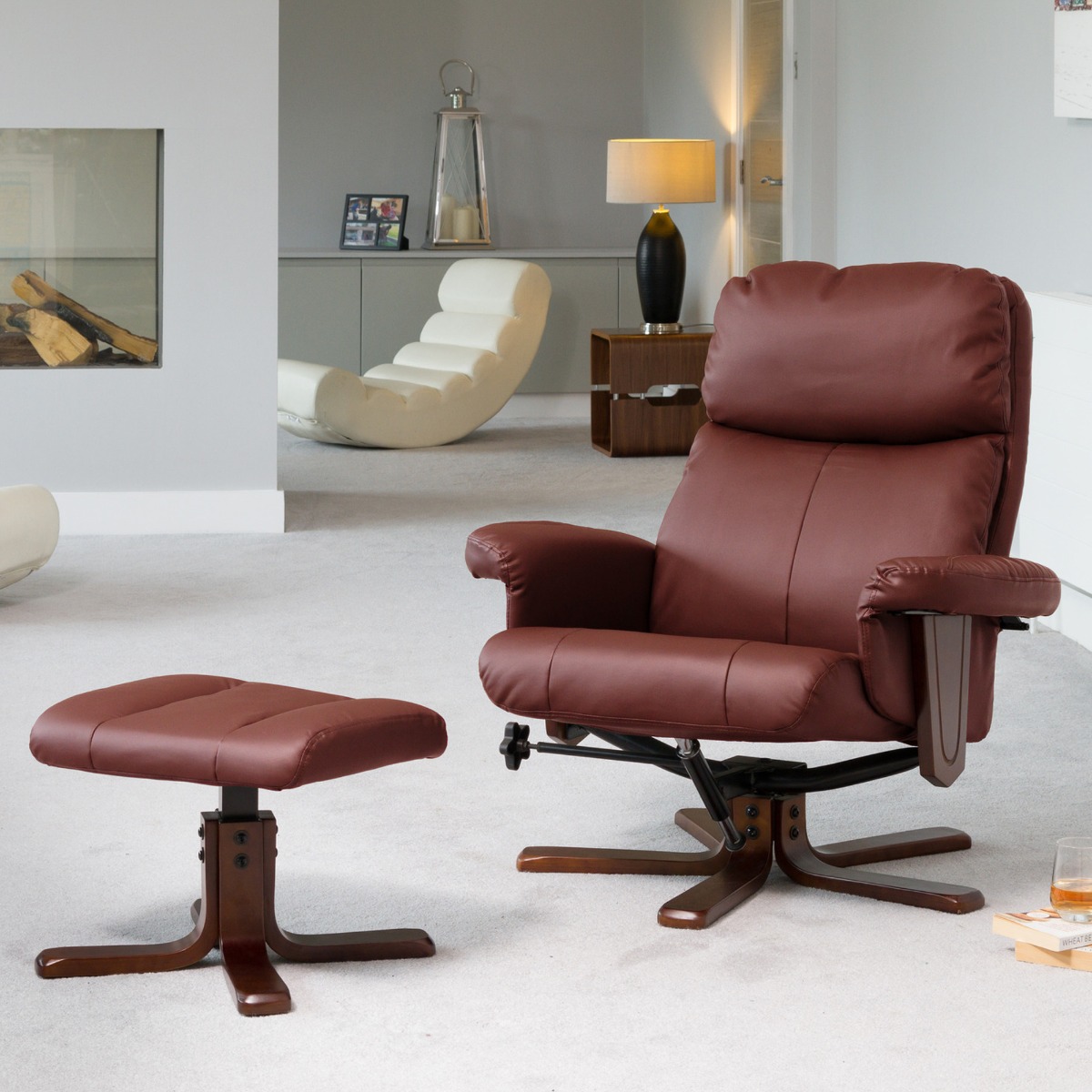 Armchair - ELEVARO Leather Swivel Recliner Chair with Stool Heated Massage - Burgundy - Archie Homes