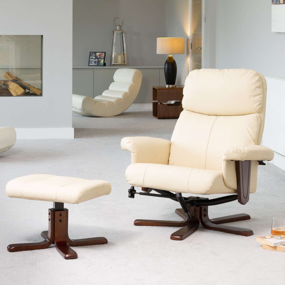 Armchair - ELEVARO Leather Swivel Recliner Chair with Stool Heated Massage - Cream - Archie Homes