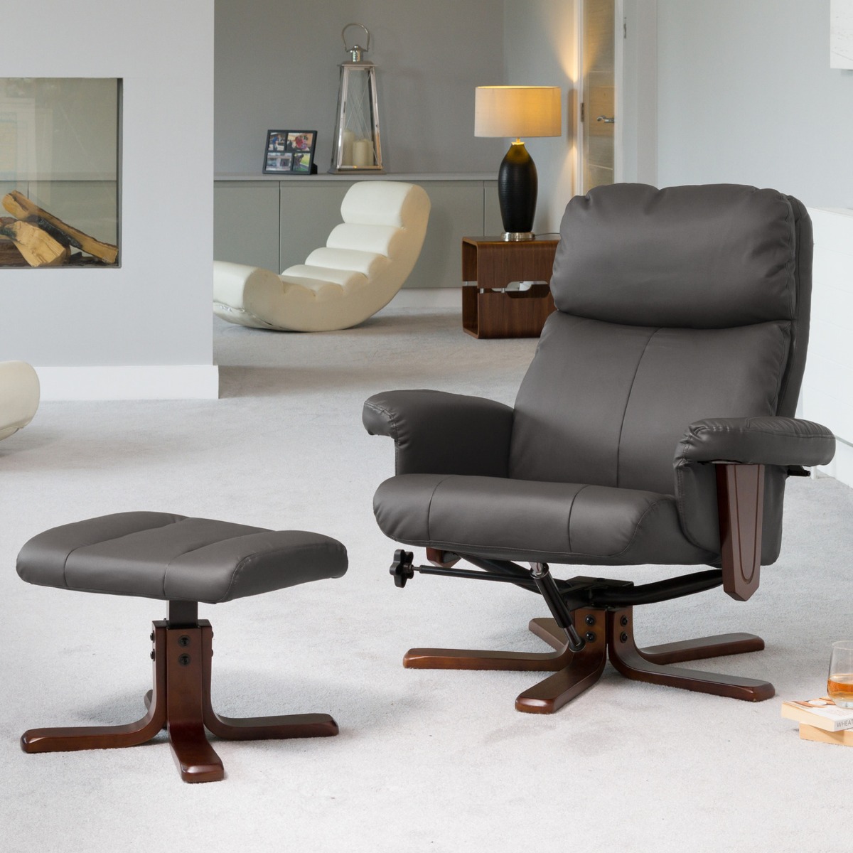 Armchair - ELEVARO Leather Swivel Recliner Chair with Stool Heated Massage - Grey - Archie Homes