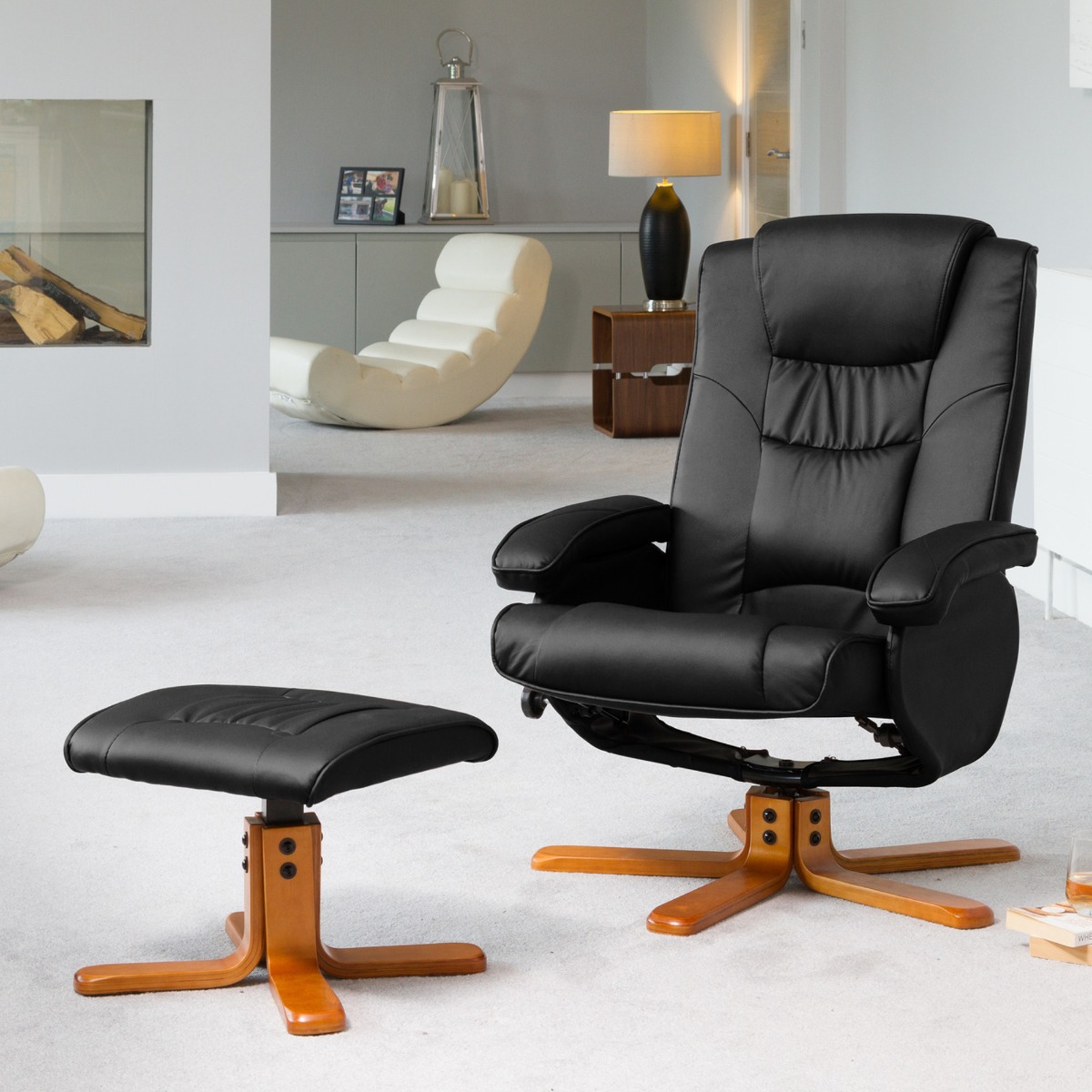Armchair - REVOLUX Leather Swivel Recliner Chair with Stool - Black - Archie Homes