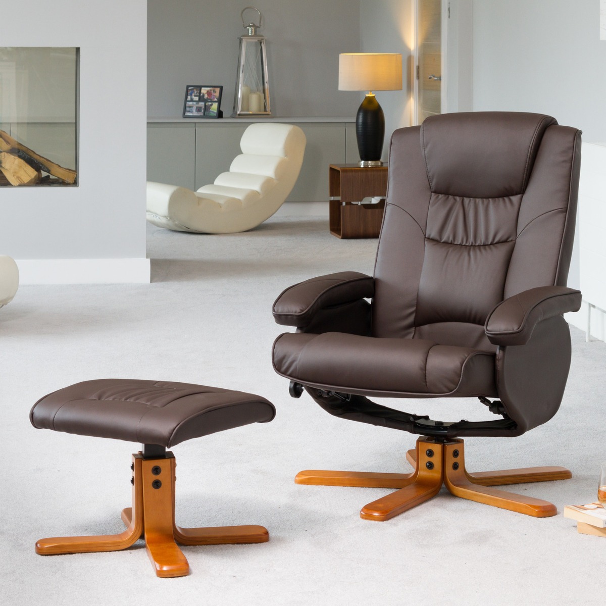 Armchair - REVOLUX Leather Swivel Recliner Chair with Stool - Brown - Archie Homes