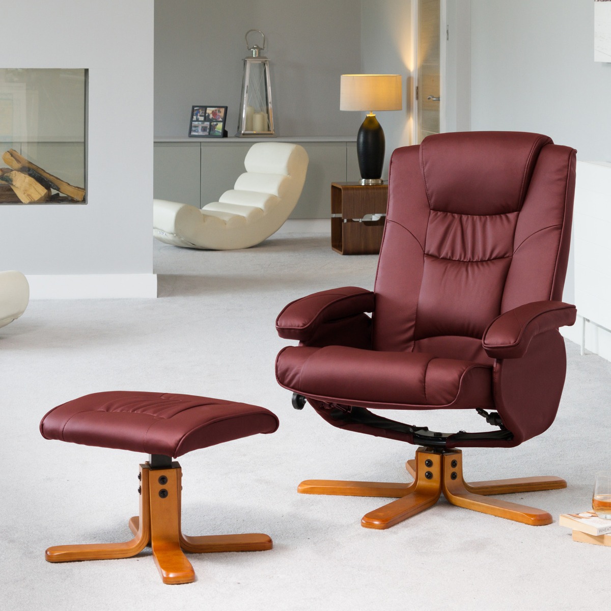 Armchair - REVOLUX Leather Swivel Recliner Chair with Stool - Burgundy - Archie Homes