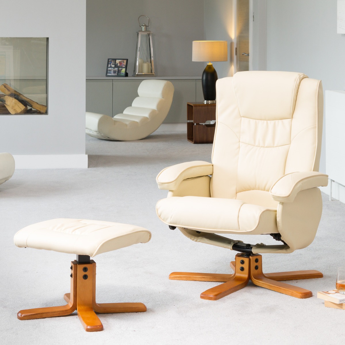 Armchair - REVOLUX Leather Swivel Recliner Chair with Stool - Cream - Archie Homes
