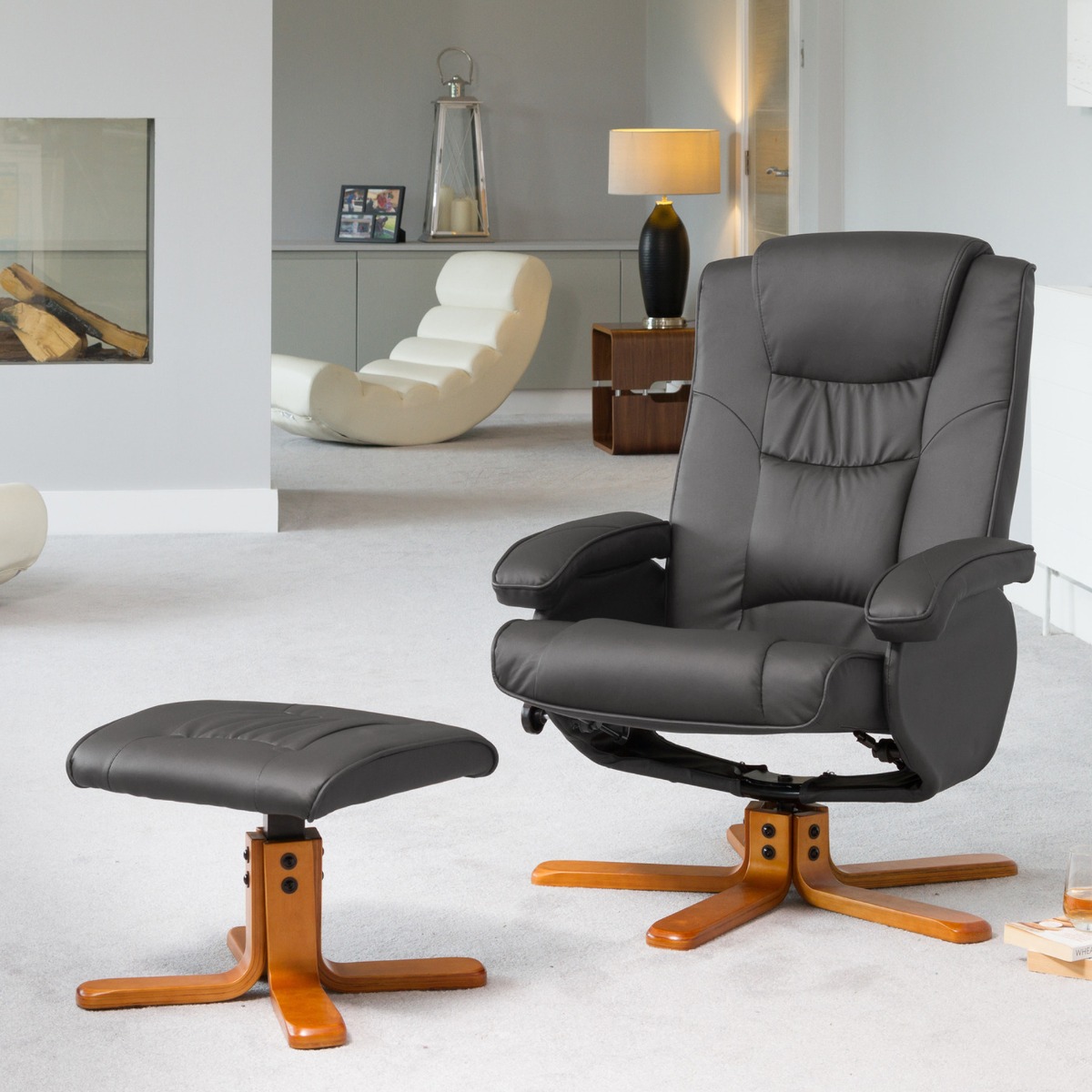 Armchair - REVOLUX Leather Swivel Recliner Chair with Stool - Grey - Archie Homes
