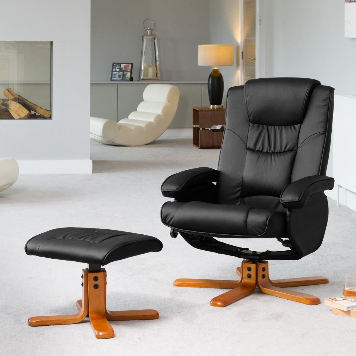 Armchair - REVOLUX Leather Swivel Recliner Chair with Stool and Heated Massager - Black - Archie Homes