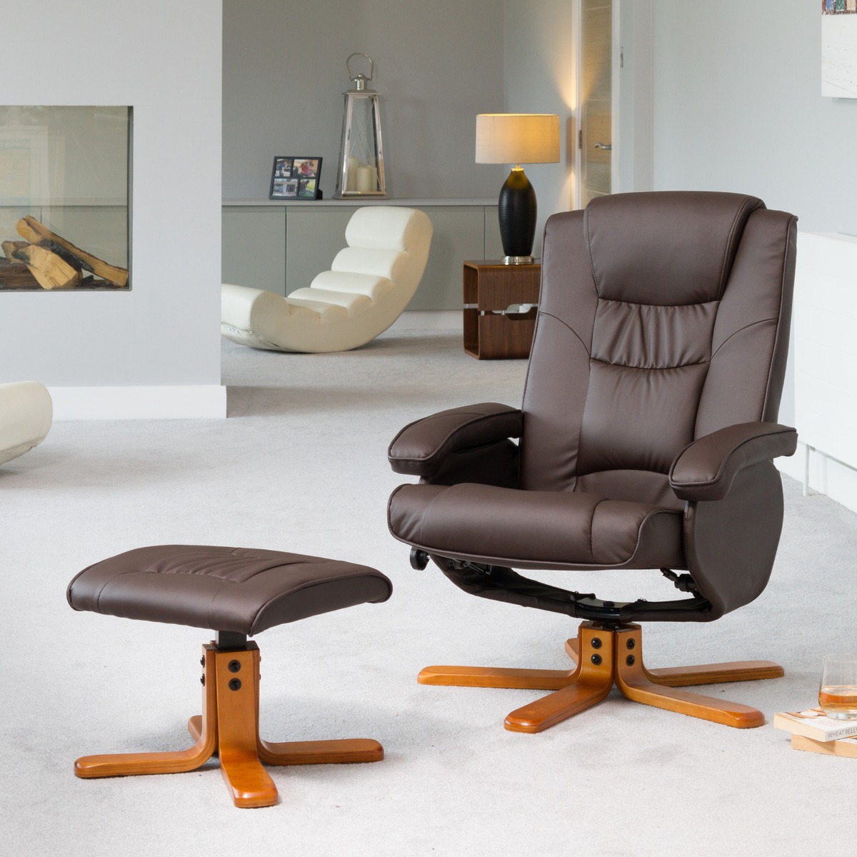 Armchair - REVOLUX Leather Swivel Recliner Chair with Stool and Heated Massager - Brown - Archie Homes