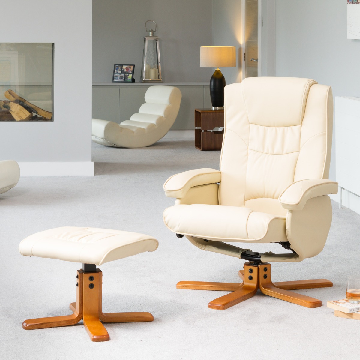 Armchair - REVOLUX Leather Swivel Recliner Chair with Stool and Heated Massager - Cream - Archie Homes