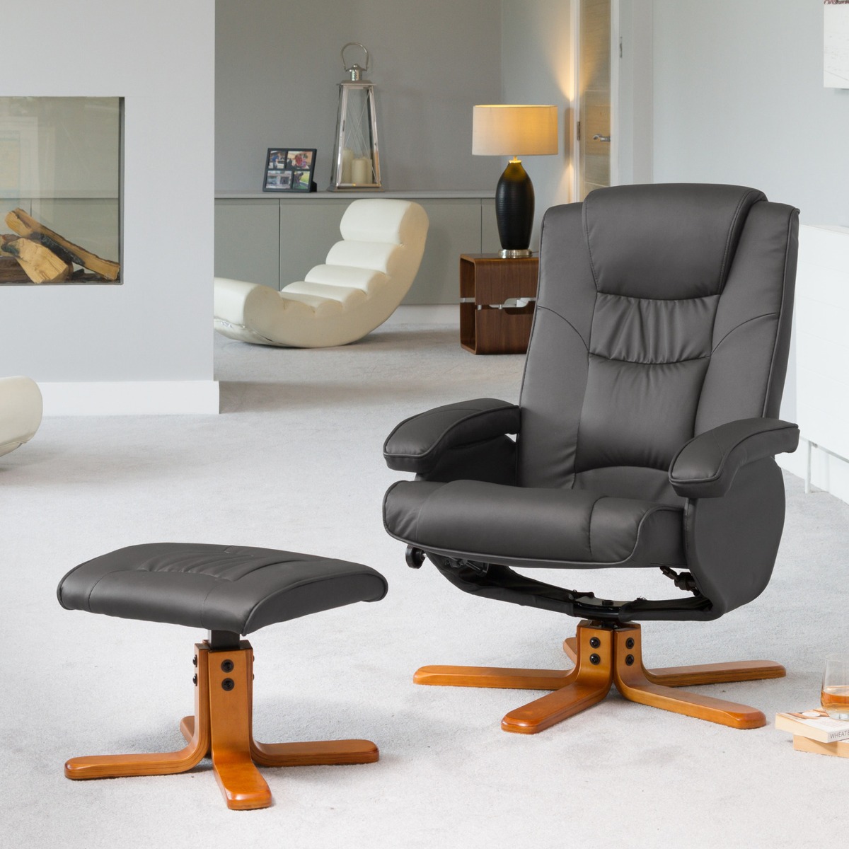 Armchair - REVOLUX Leather Swivel Recliner Chair with Stool and Heated Massager - Grey - Archie Homes