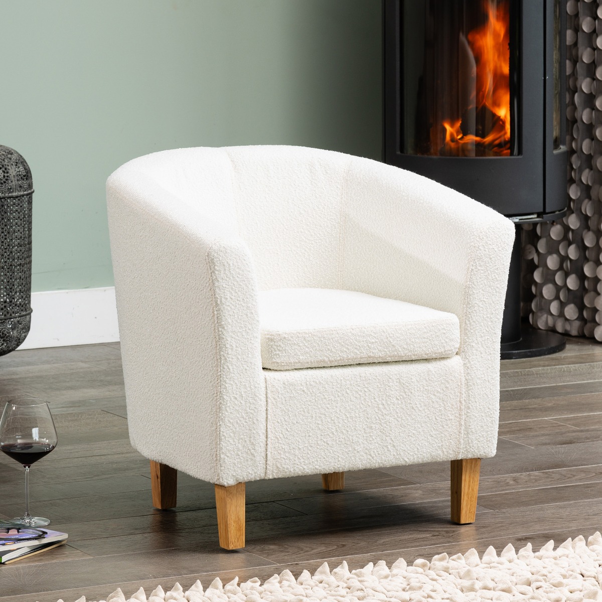 Tub Chair - VIVELLA Boucle Fabric Chair with Light Wood Legs - Cream - Archie Homes