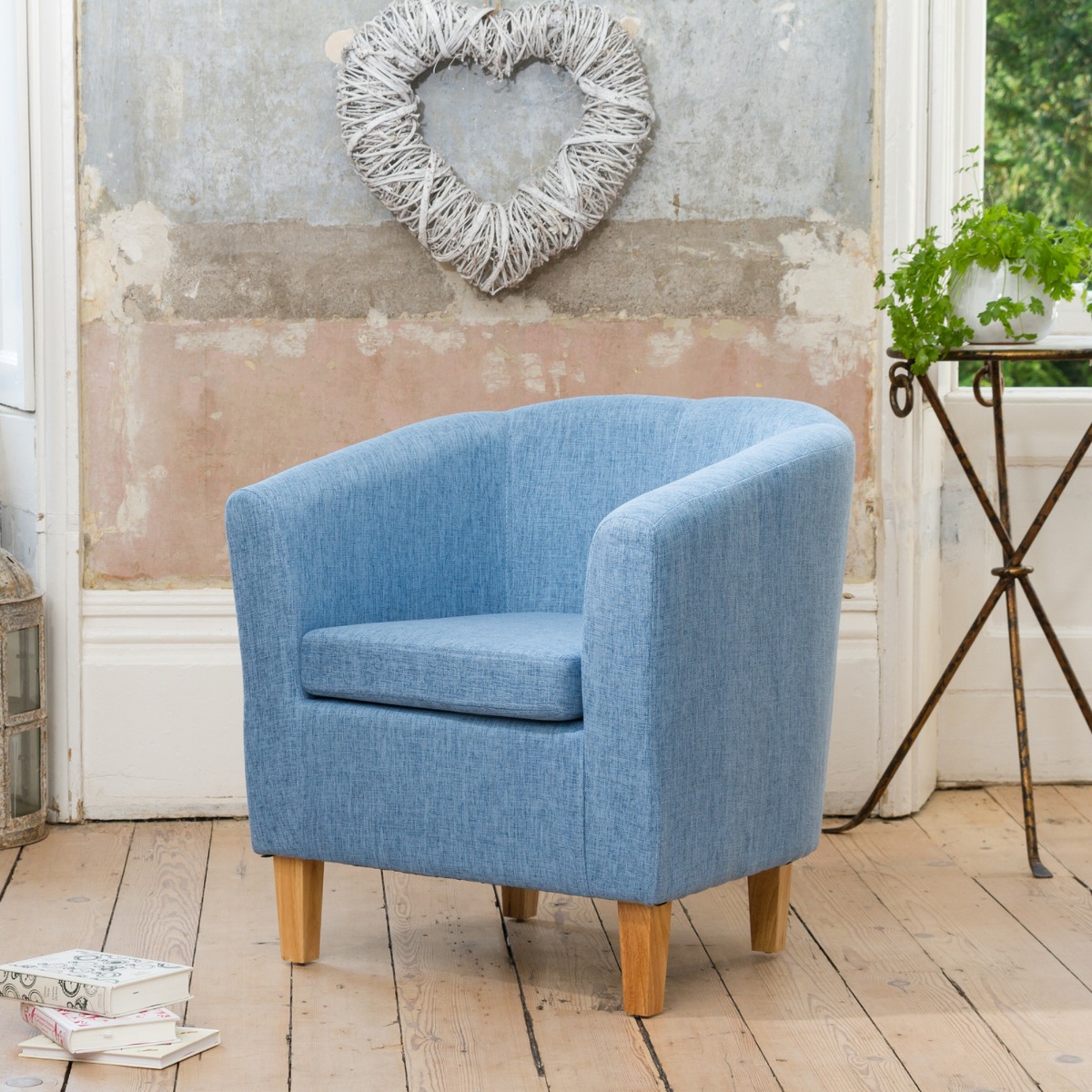 Tub Chair - VIVELLA Textured Fabric Chair with Light Wood Legs - Blue - Archie Homes