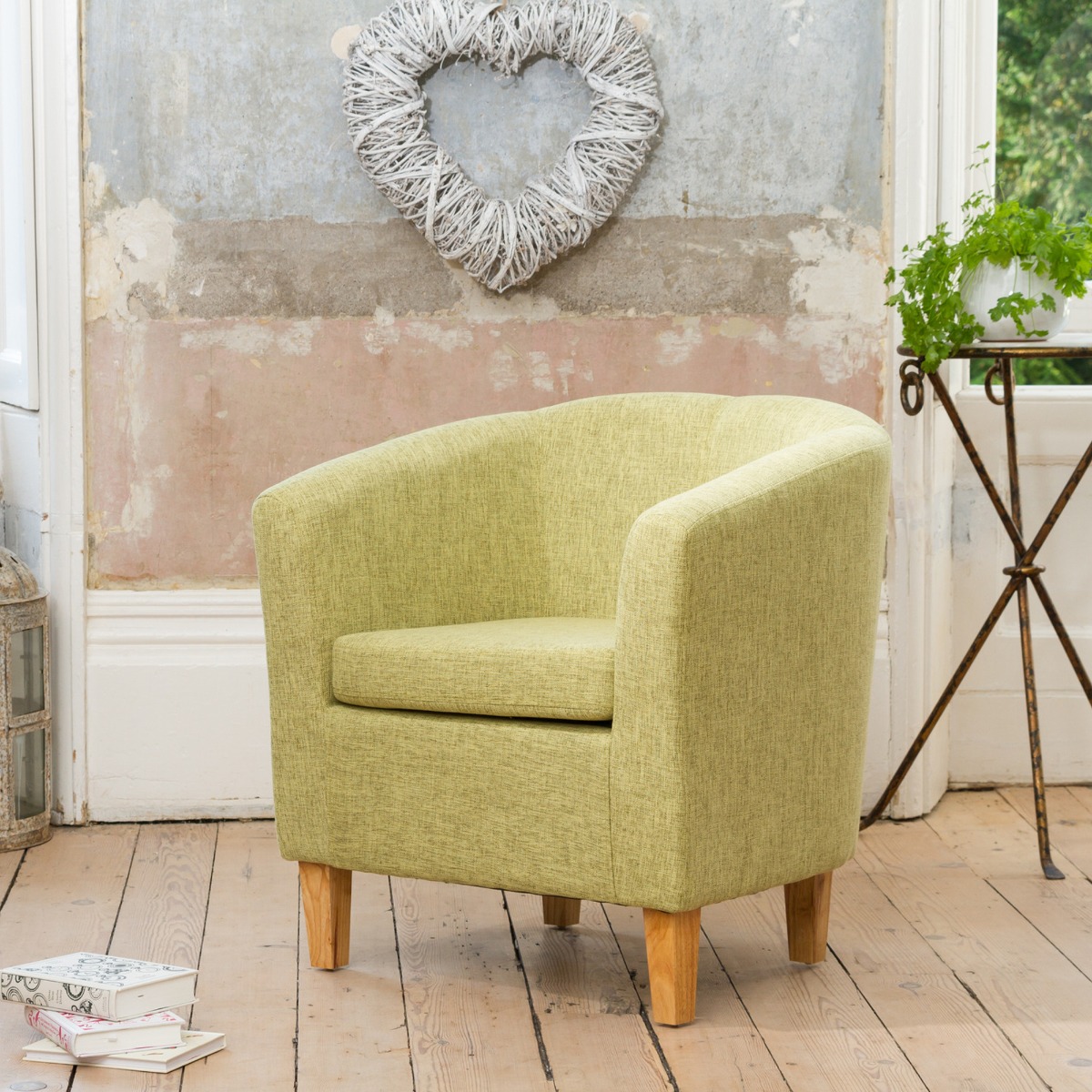Tub Chair - VIVELLA Textured Fabric Chair with Light Wood Legs - Green - Archie Homes