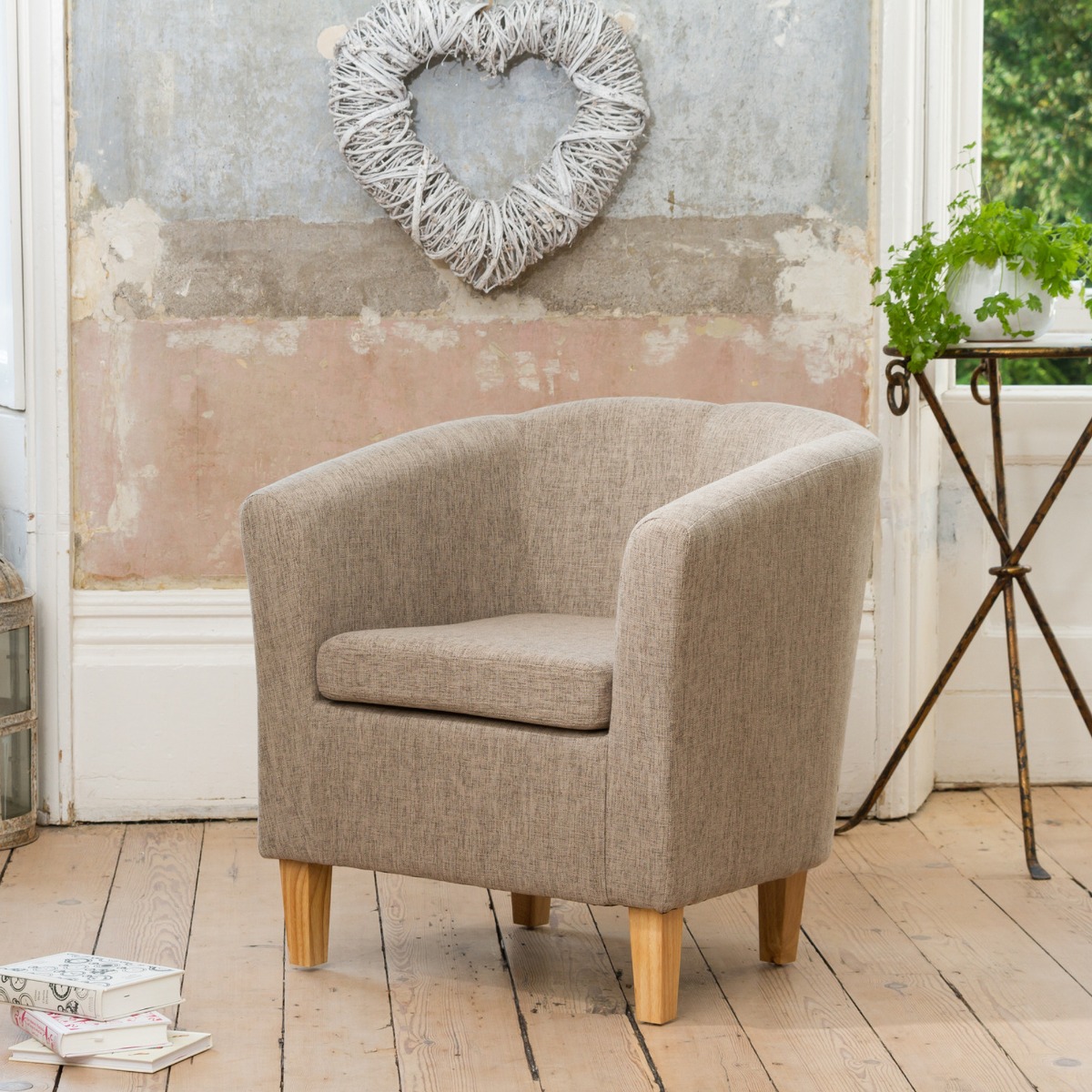 Tub Chair - VIVELLA Textured Fabric Chair with Light Wood Legs - Light Brown - Archie Homes