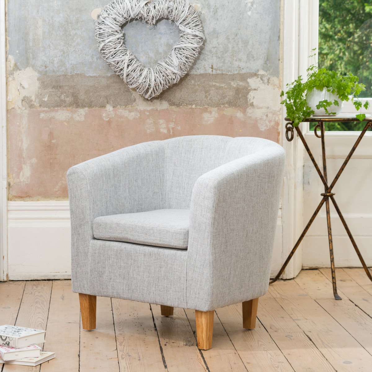 Tub Chair - VIVELLA Textured Fabric Chair with Light Wood Legs - Light Grey - Archie Homes