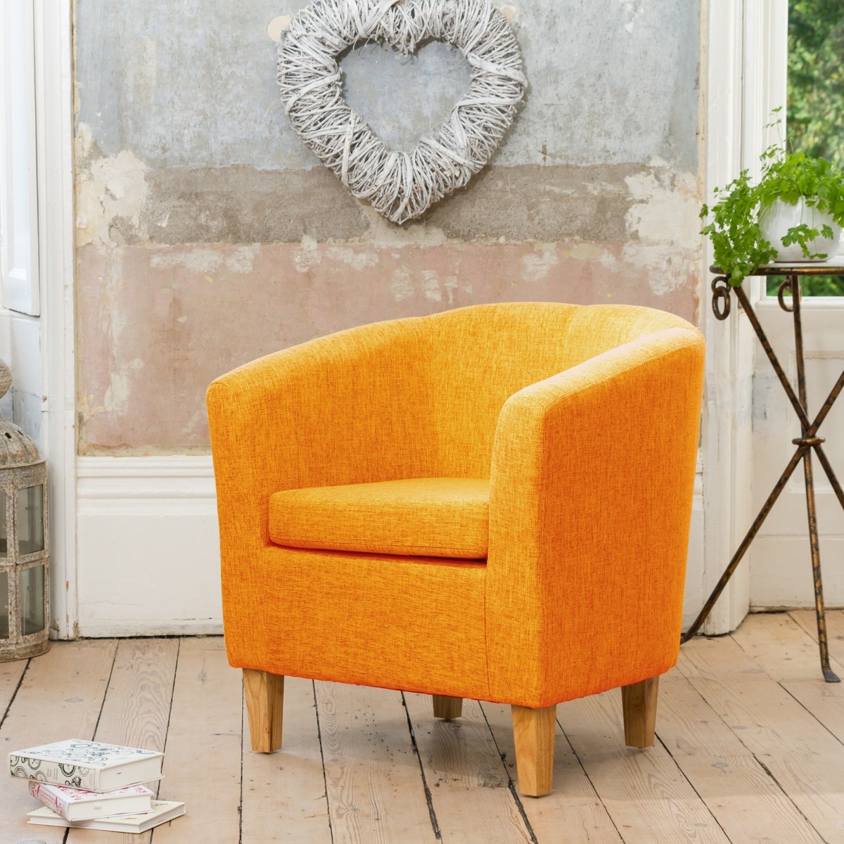 Tub Chair - VIVELLA Textured Fabric Chair with Light Wood Legs - Orange - Archie Homes