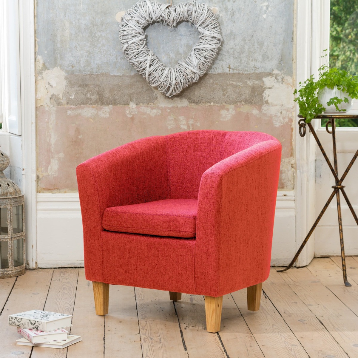 Tub Chair - VIVELLA Textured Fabric Chair with Light Wood Legs - Red - Archie Homes
