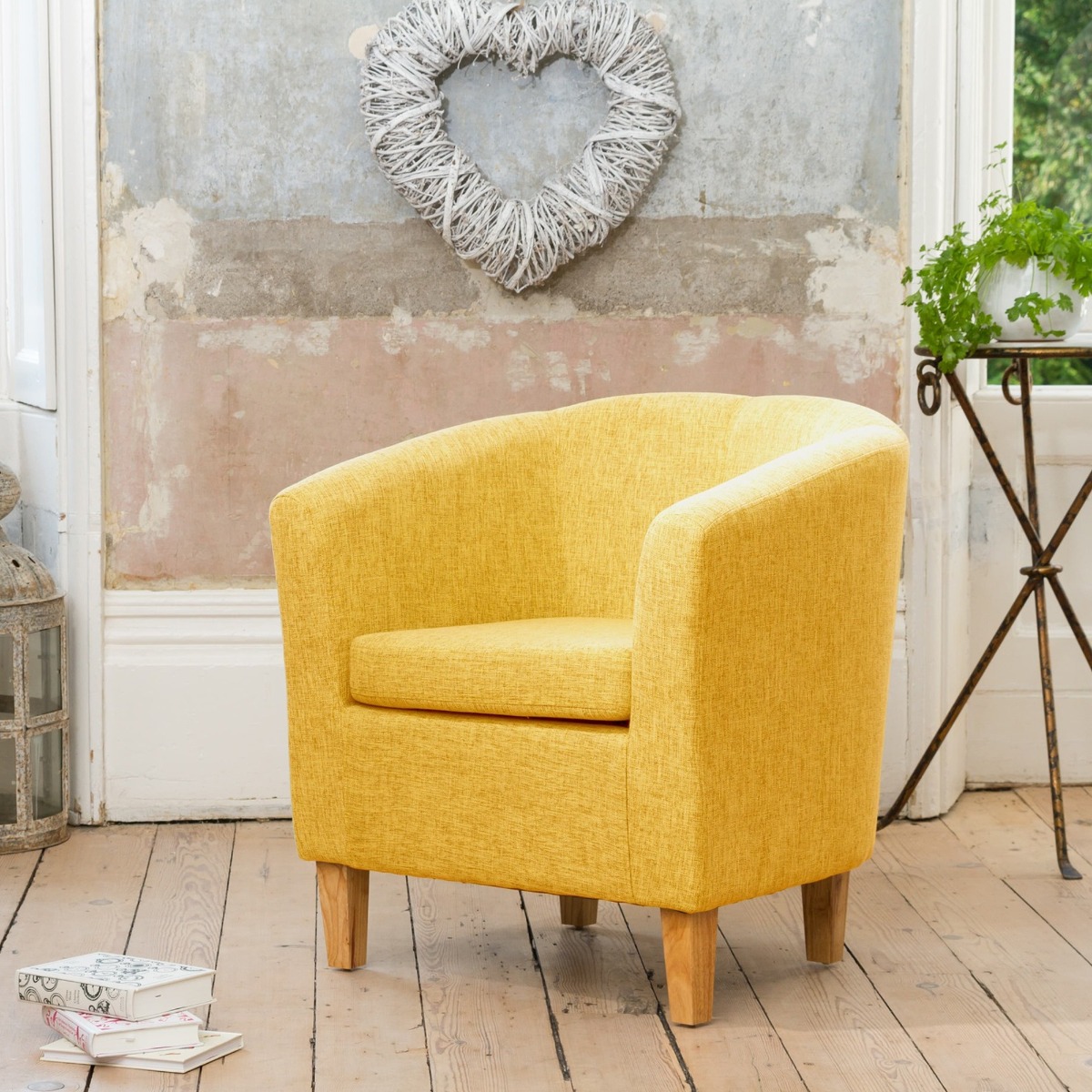 Tub Chair - VIVELLA Textured Fabric Chair with Light Wood Legs - Yellow - Archie Homes