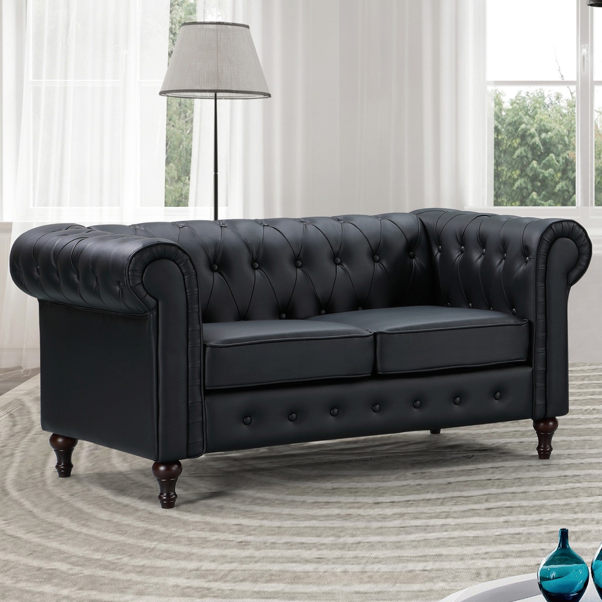 2 Seater Sofa - BELFORIA Leather Chesterfield Sofa - Black - Archie Homes