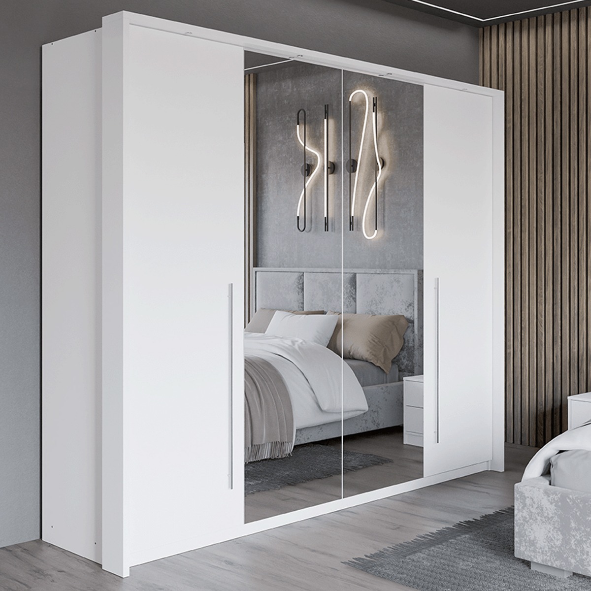 Sliding Wardrobe - KIRKLEES 2 Door Mirrored Wardrobe White 256cm - Avellino & Wells