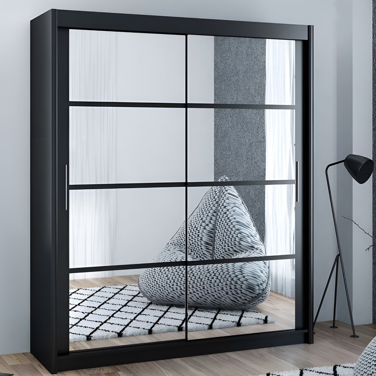 Sliding Wardrobe - DEXTER 2 Door Mirrored Wardrobe Black 160cm - Avellino & Wells