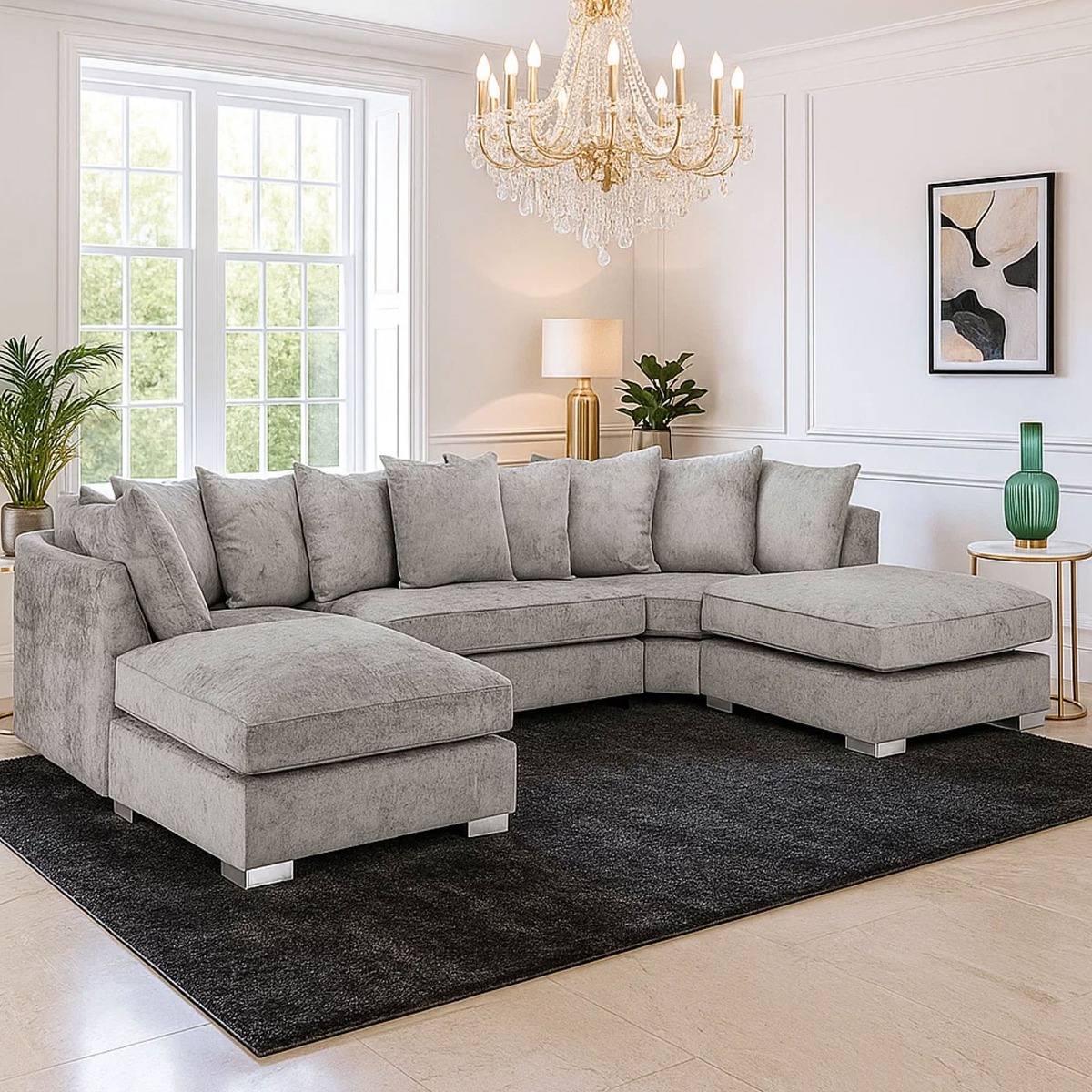 Kitson Range Scatter Back U Shape Corner Sofa with Chrome Feet - Platinum Chennile Fabric - Sofa So Good