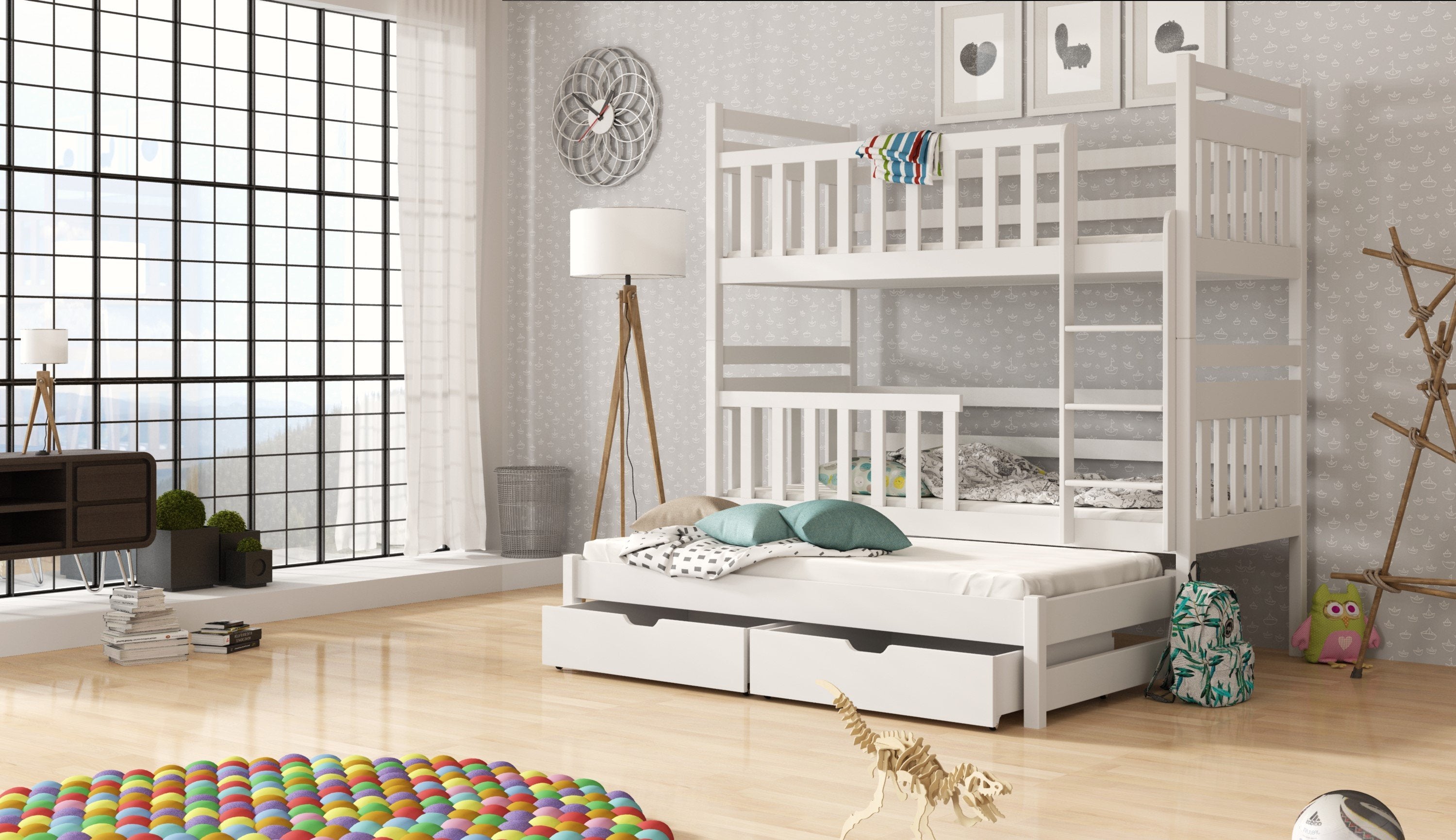Clare Wooden 2 Drawers Bunk Bed with Trundle and Foam Mattress - White - Art Nest