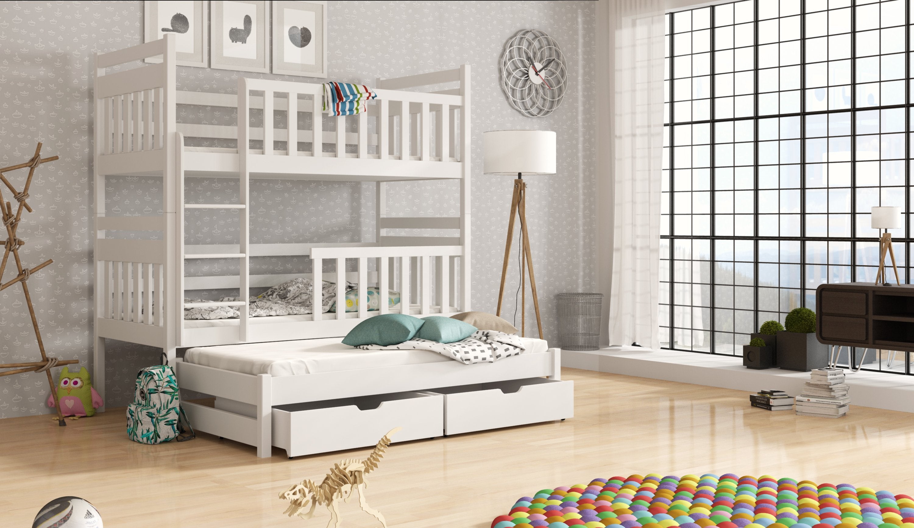 Clare Wooden 2 Drawers Bunk Bed with Trundle - White - Art Nest