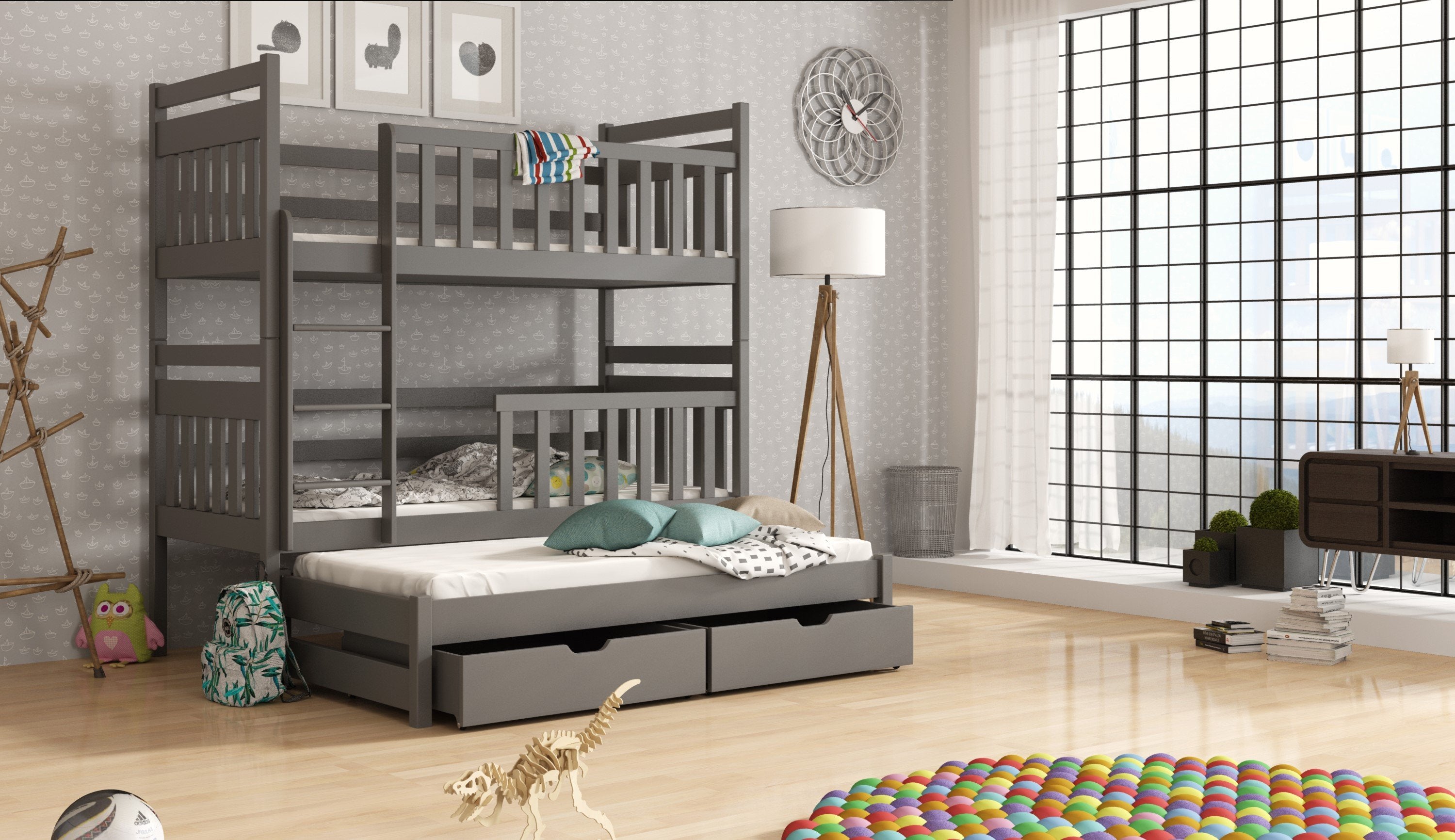 Clare Wooden 2 Drawers Bunk Bed with Trundle - Graphite - Art Nest