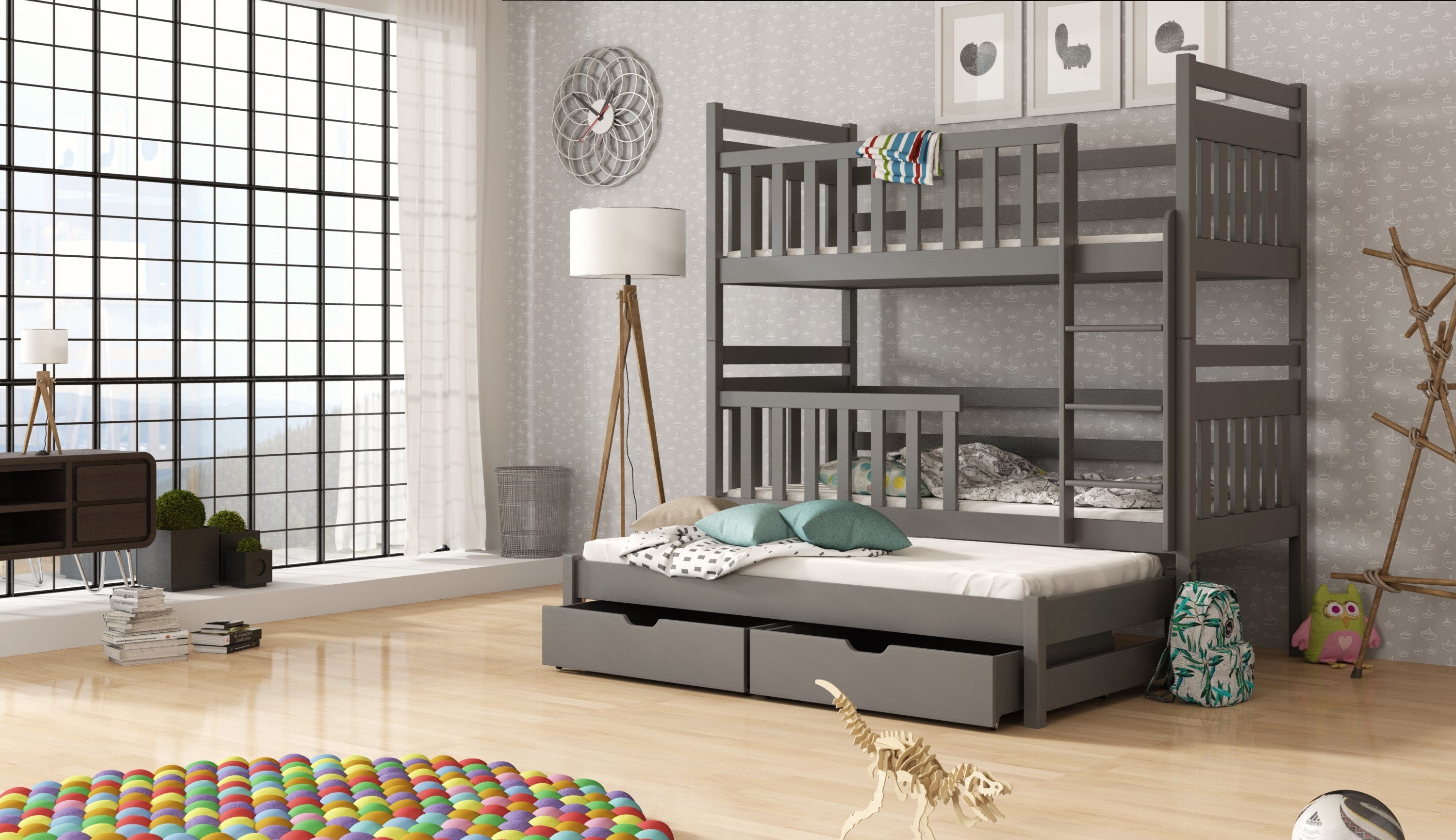 Clare Wooden 2 Drawers Bunk Bed with Trundle and Foam Mattress - Graphite - Art Nest