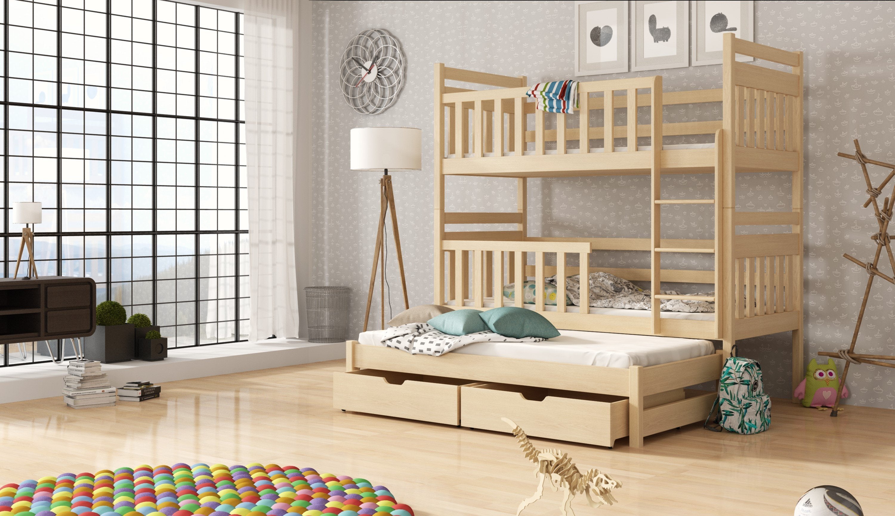Clare Wooden 2 Drawers Bunk Bed with Trundle and Foam Mattress - Pine - Art Nest