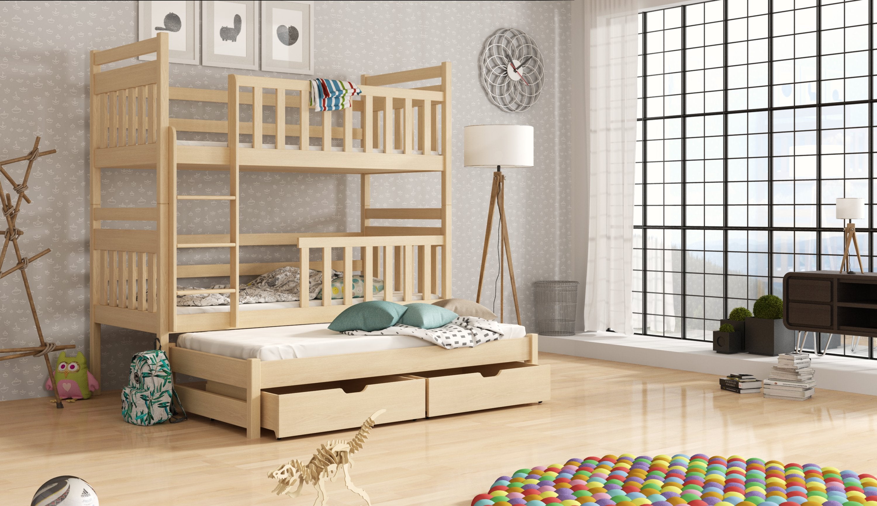 Clare Wooden 2 Drawers Bunk Bed with Trundle - Pine - Art Nest