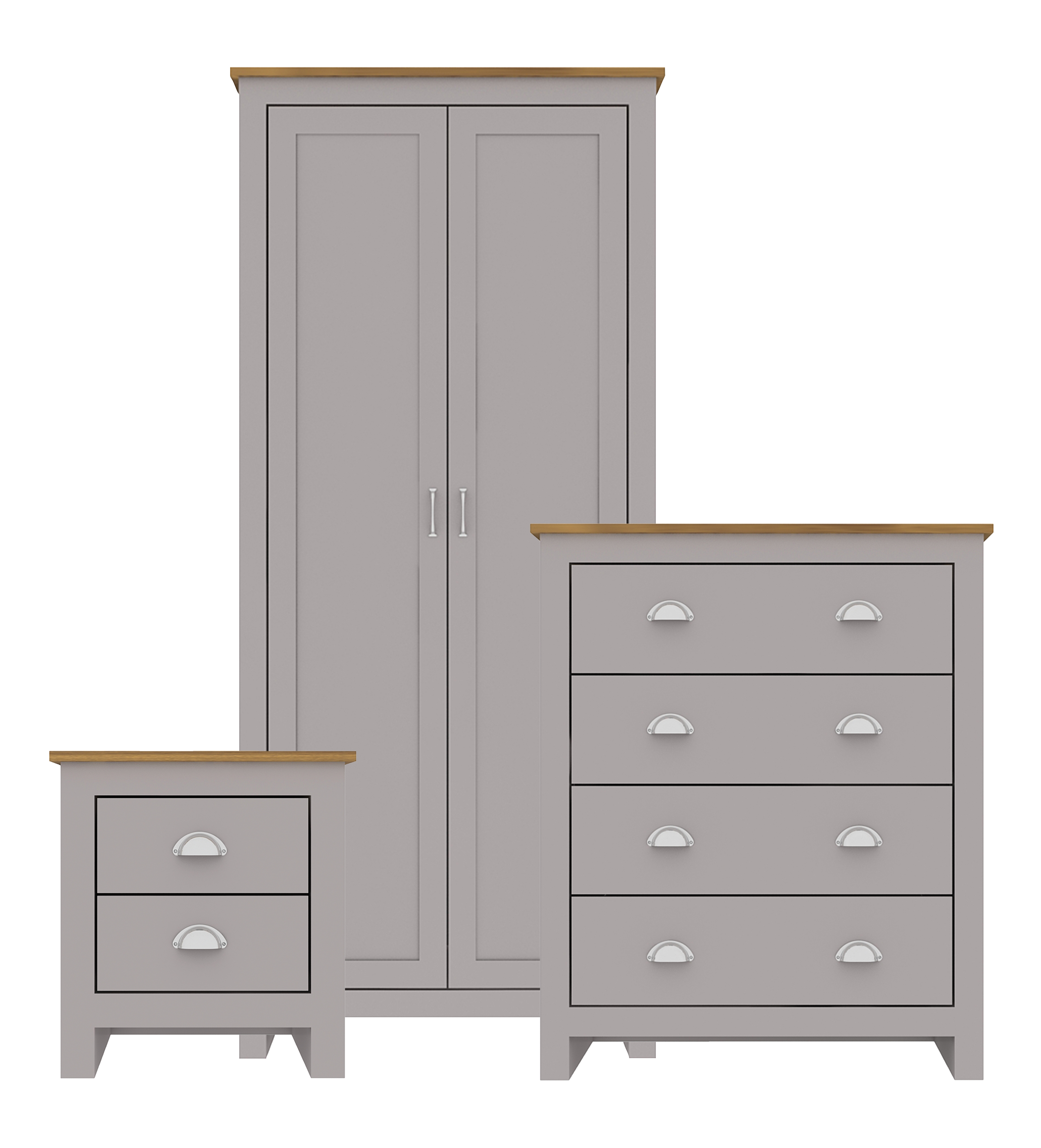 Wardrobe Set - LOUIS 2 Door Bedroom Set 3 Piece Grey 79cm - Leeds Plywood