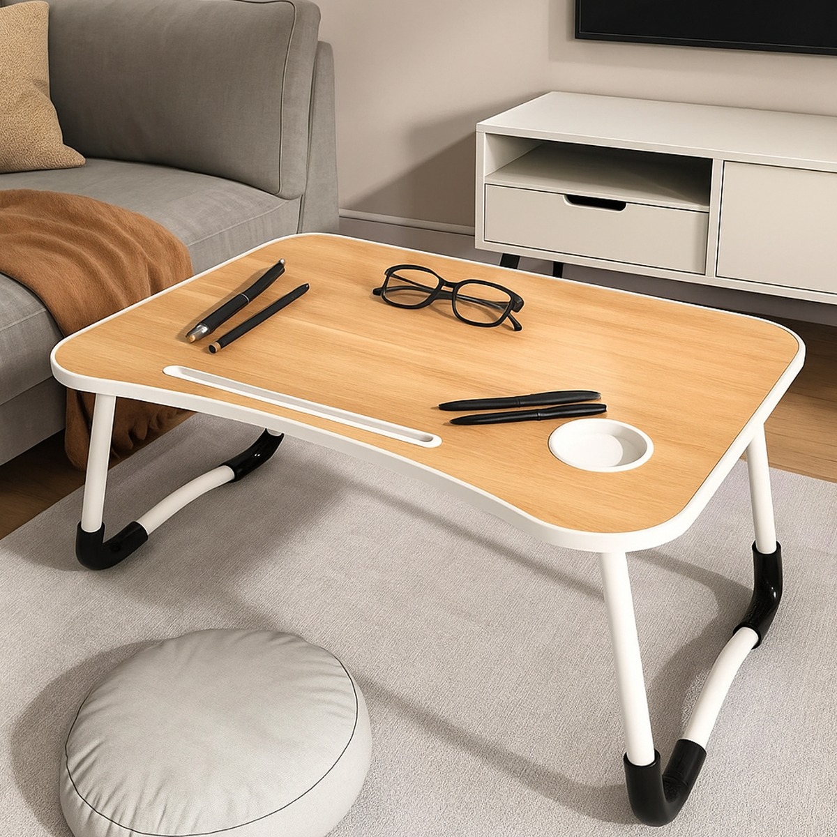 ORIVANE Laptop Table Folding Bed Tray Desk with Cup Holder - Walnut - The Urban Forge