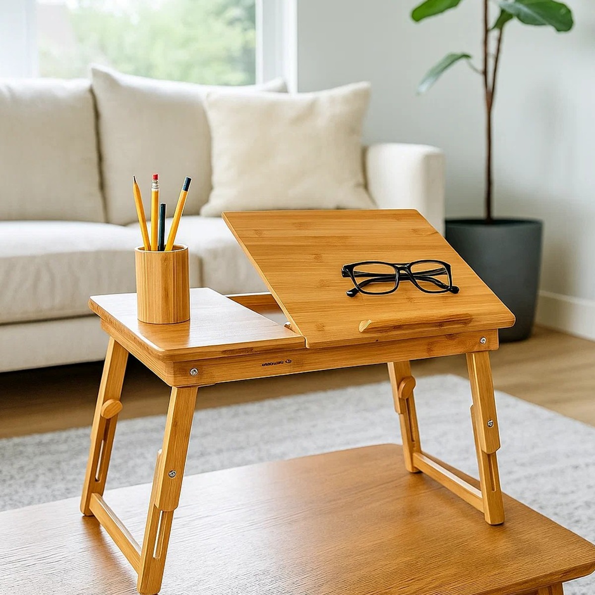 NOVATRA Laptop Table Bamboo Folding Tray with Adjustable Top and Drawer - Natural - The Urban Forge