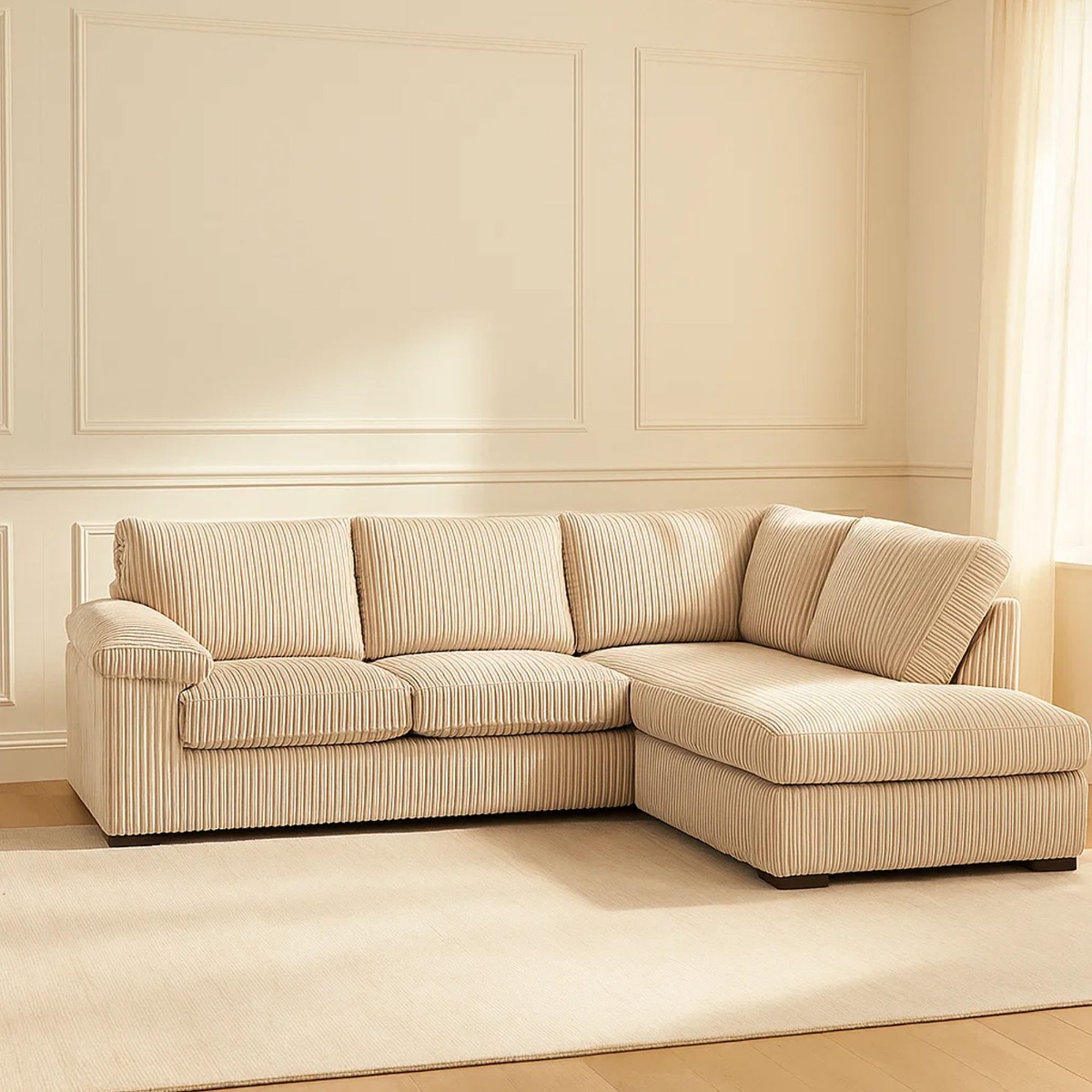Corner Sofa - LARGE AMALFI Full Back Jumbo Cord Right Hand Cream - Sofa Central