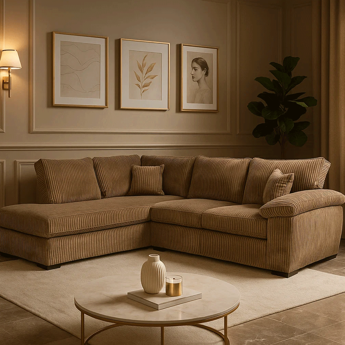 Corner Sofa - LARGE CORDURA Full Back Jumbo Cord Left Hand Beige - Home Done