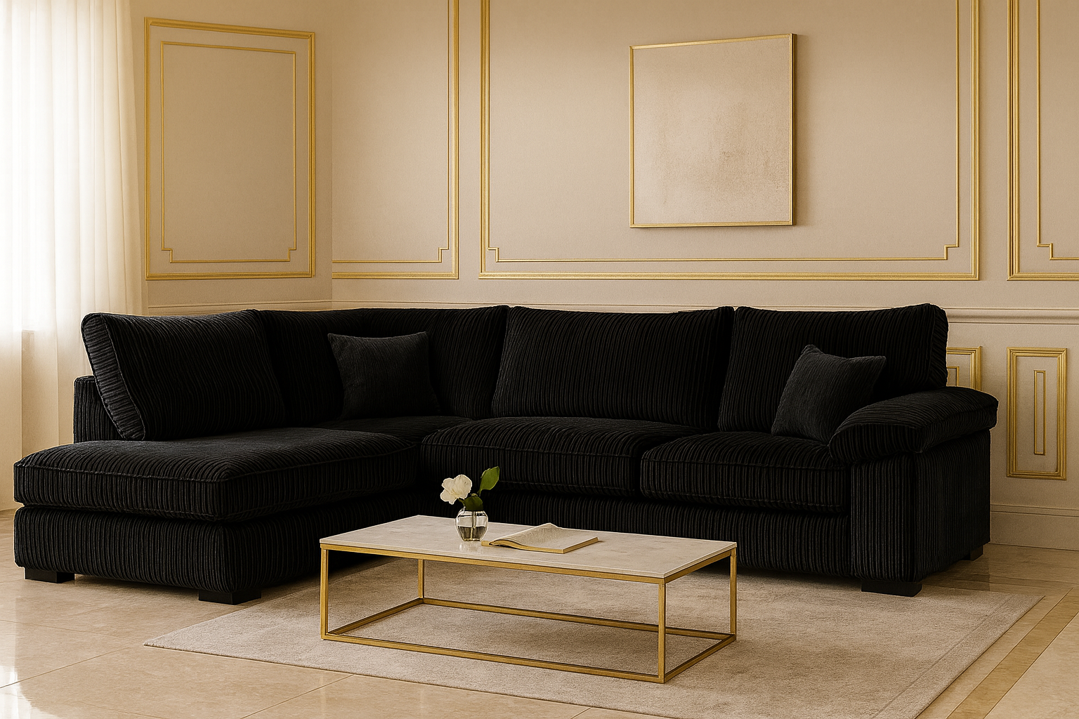 Corner Sofa - LARGE CORDURA Full Back Jumbo Cord Left Hand Black - Home Done