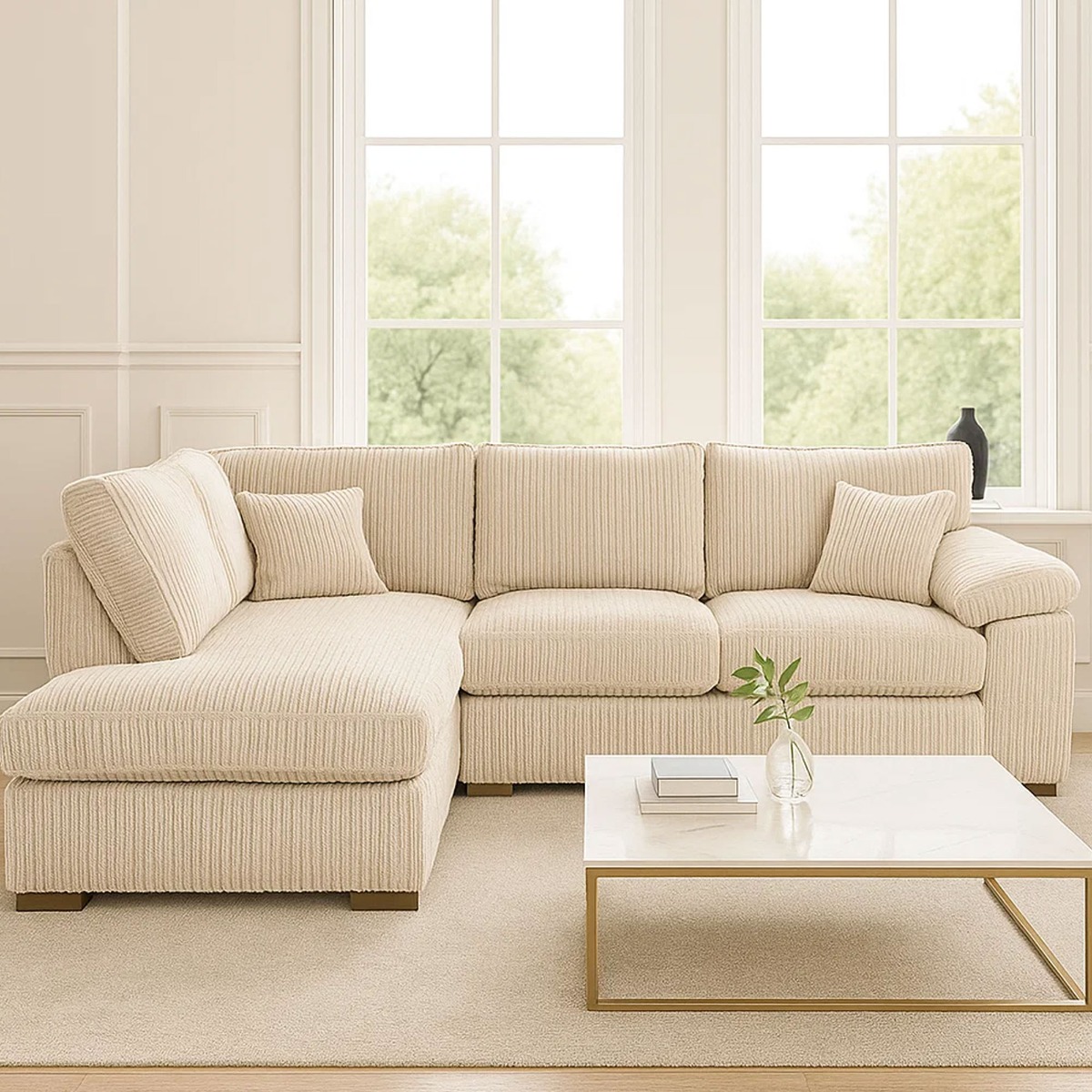 Corner Sofa - LARGE CORDURA Full Back Jumbo Cord Left Hand Cream - Home Done