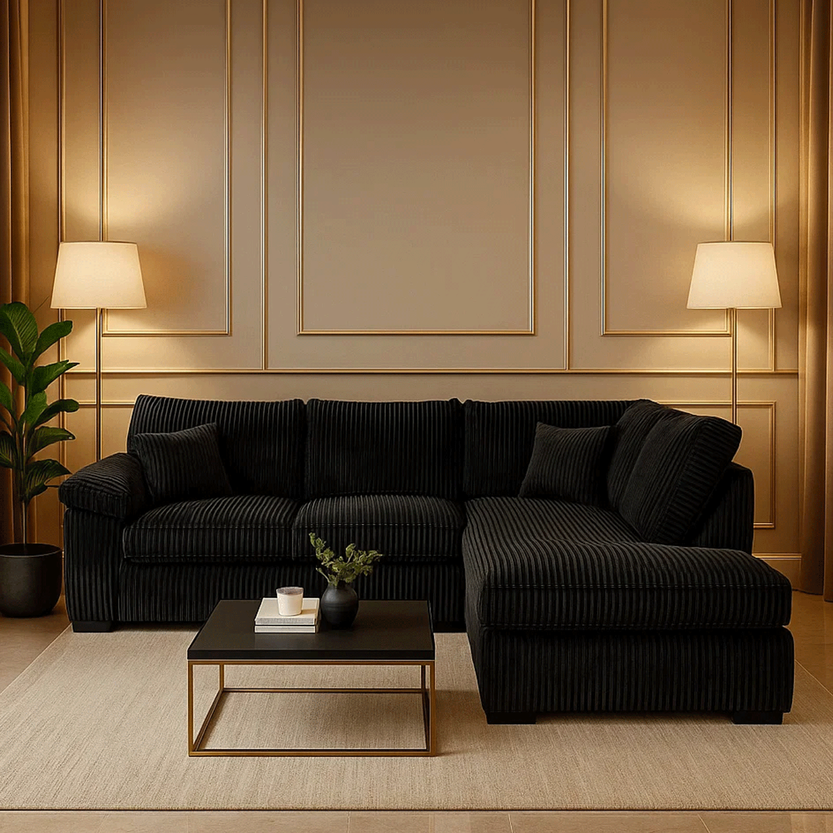Corner Sofa - LARGE CORDURA Full Back Jumbo Cord Right Hand Black - Home Done