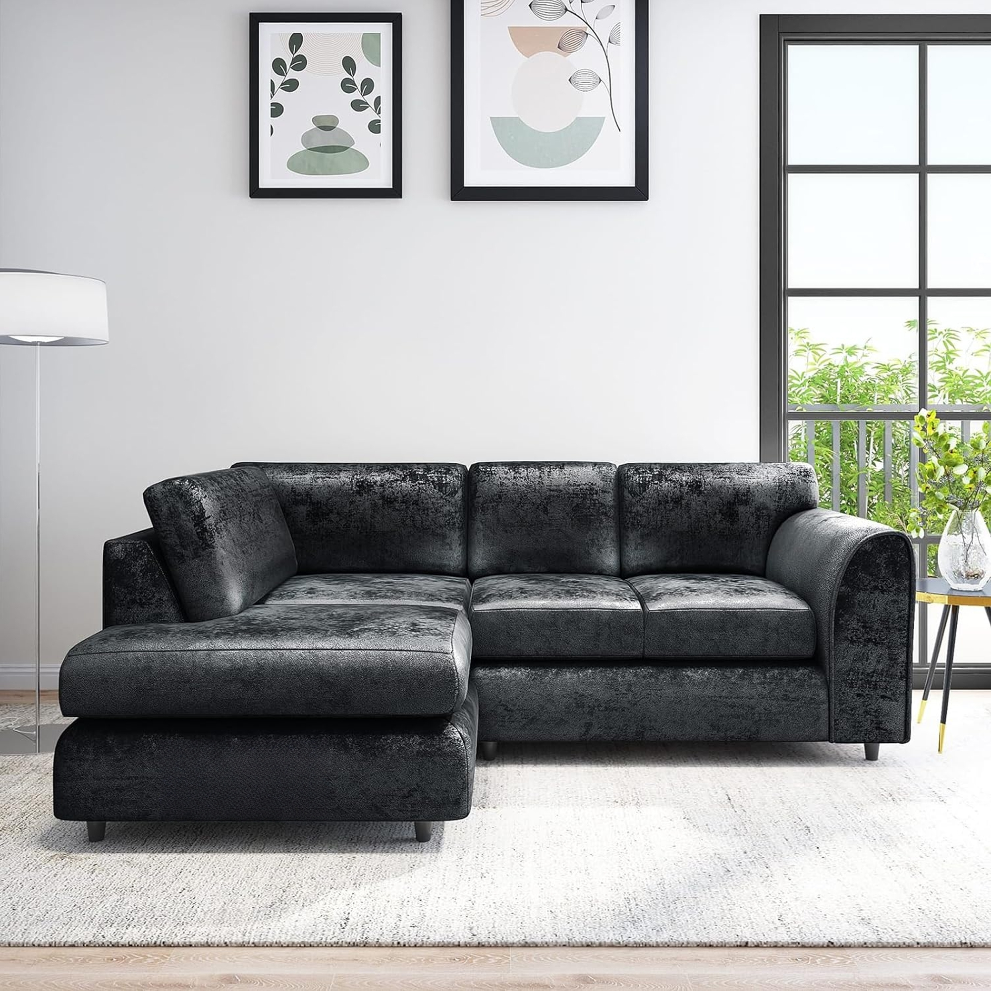 VELOURA Crush Velvet 4 Seater L Shaped Fullback Corner Sofa - Black, Left Hand Facing - Home Done
