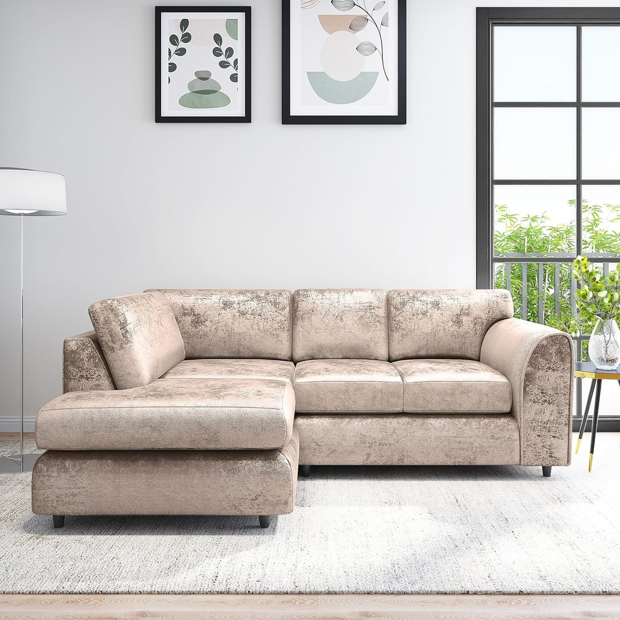 VELOURA Crush Velvet 4 Seater L Shaped Fullback Corner Sofa - Mink , Left Hand Facing - Home Done