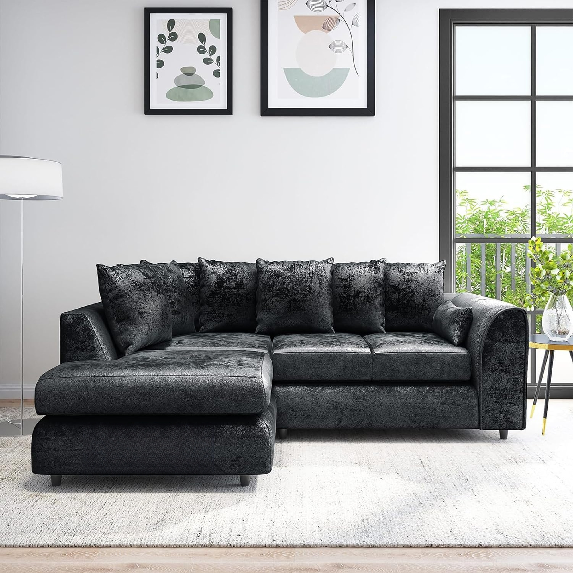 VELOURA Crush Velvet 4 Seater L Shaped Scatterback Corner Sofa - Black, Left Hand Facing - Home Done