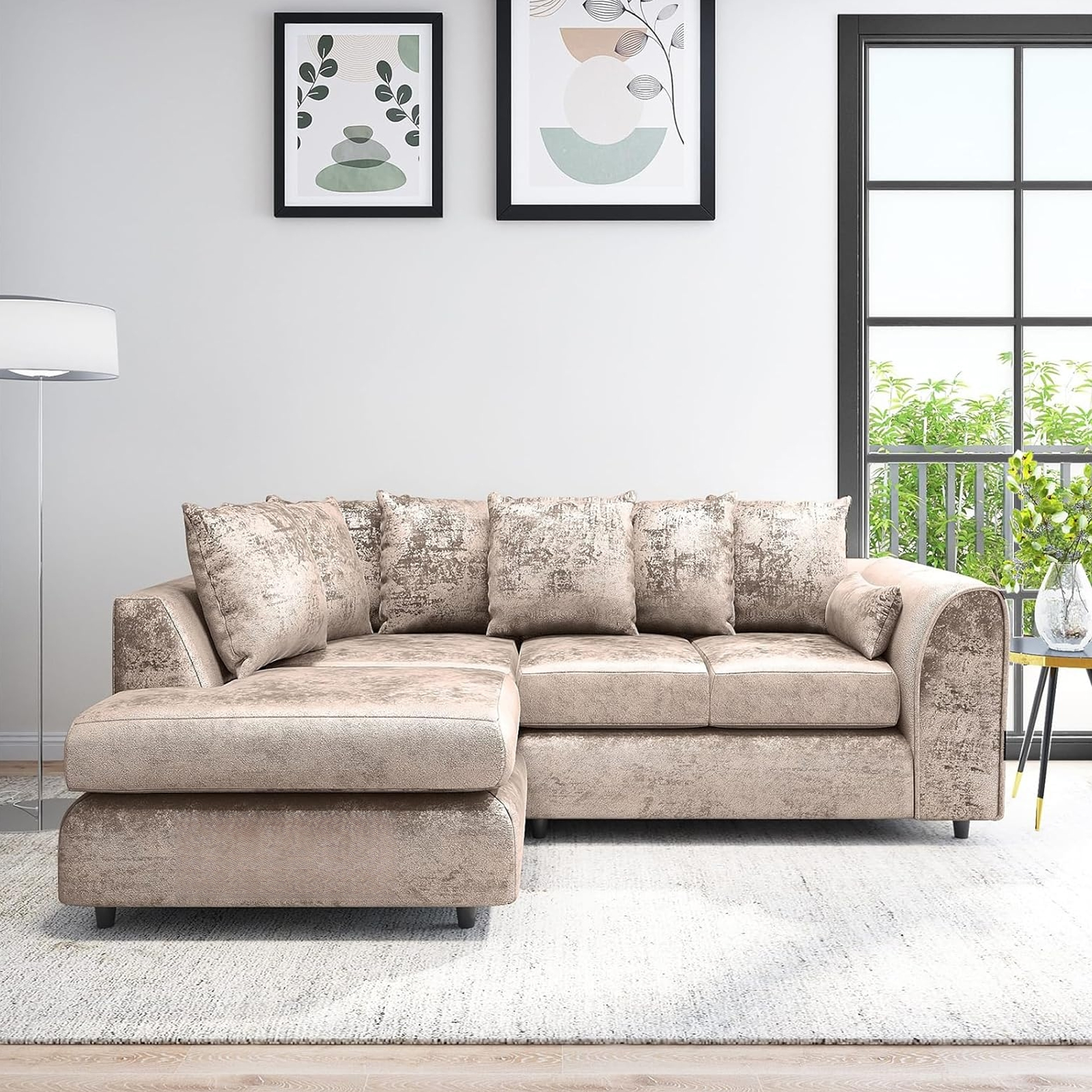 VELOURA Crush Velvet 4 Seater L Shaped Scatterback Corner Sofa - Mink , Left Hand Facing - Home Done