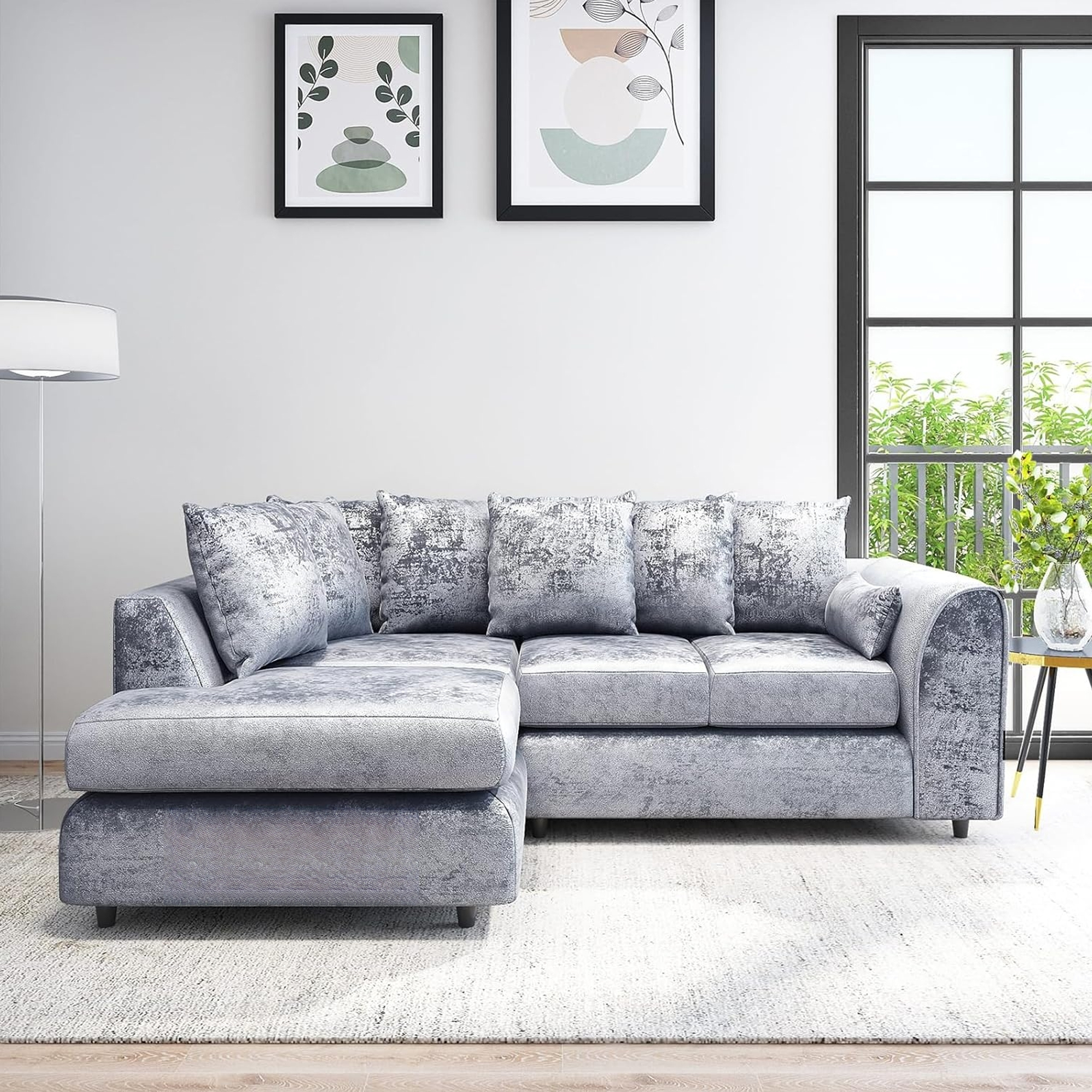 VELOURA Crush Velvet 4 Seater L Shaped Scatterback Corner Sofa - Silver, Left Hand Facing - Home Done