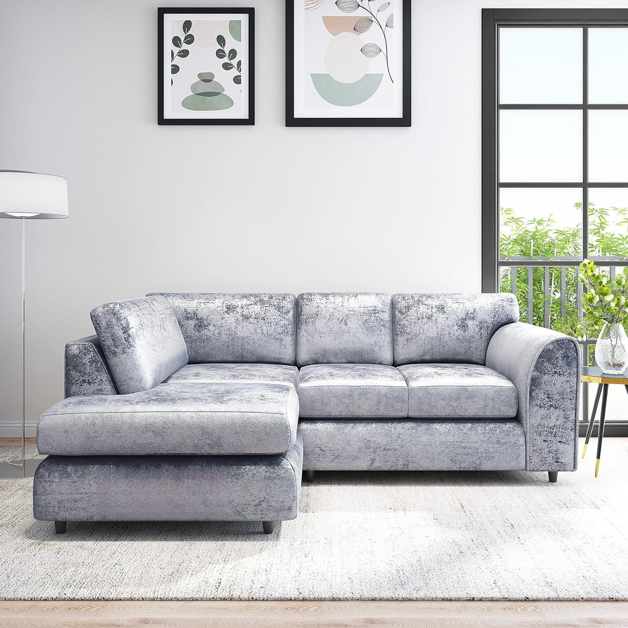 VELOURA Crush Velvet 4 Seater L Shaped Fullback Corner Sofa - Silver, Left Hand Facing - Home Done