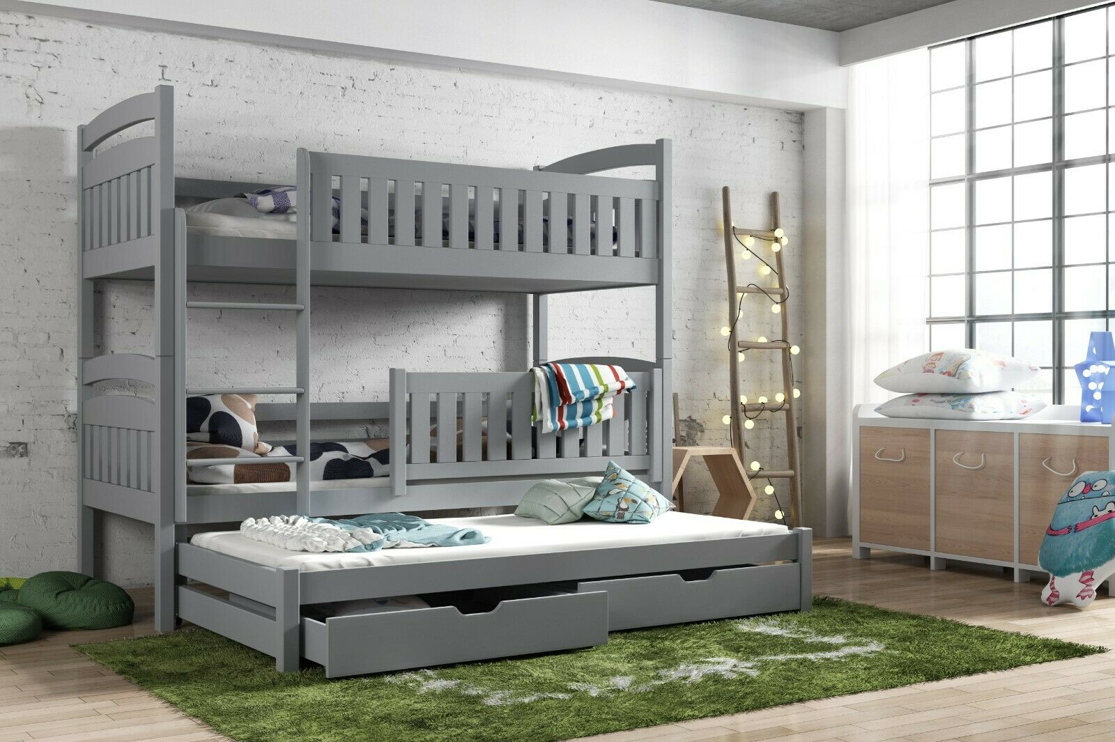 Brenda Wooden 2 Drawers Bunk Bed with Trundle - Grey - Art Nest