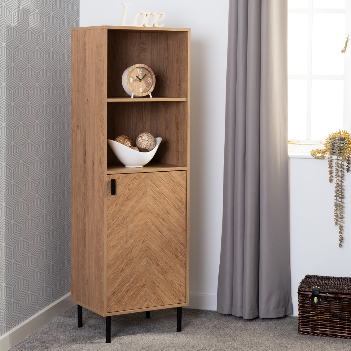 Leon 1 Door 2 Shelf Cabinet - Oak Effect - Budget Deals